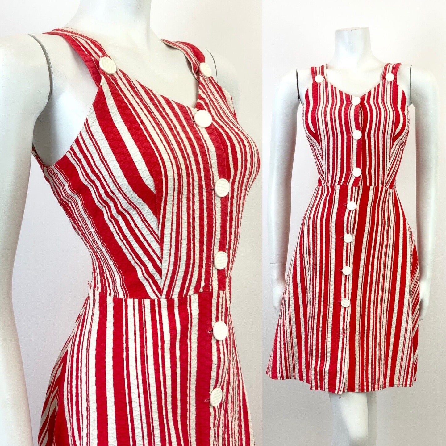 VINTAGE 60s 70s RED WHITE CANDY STRIPED SWEETHEART SLEEVELESS MOD SUN DRESS 8 10