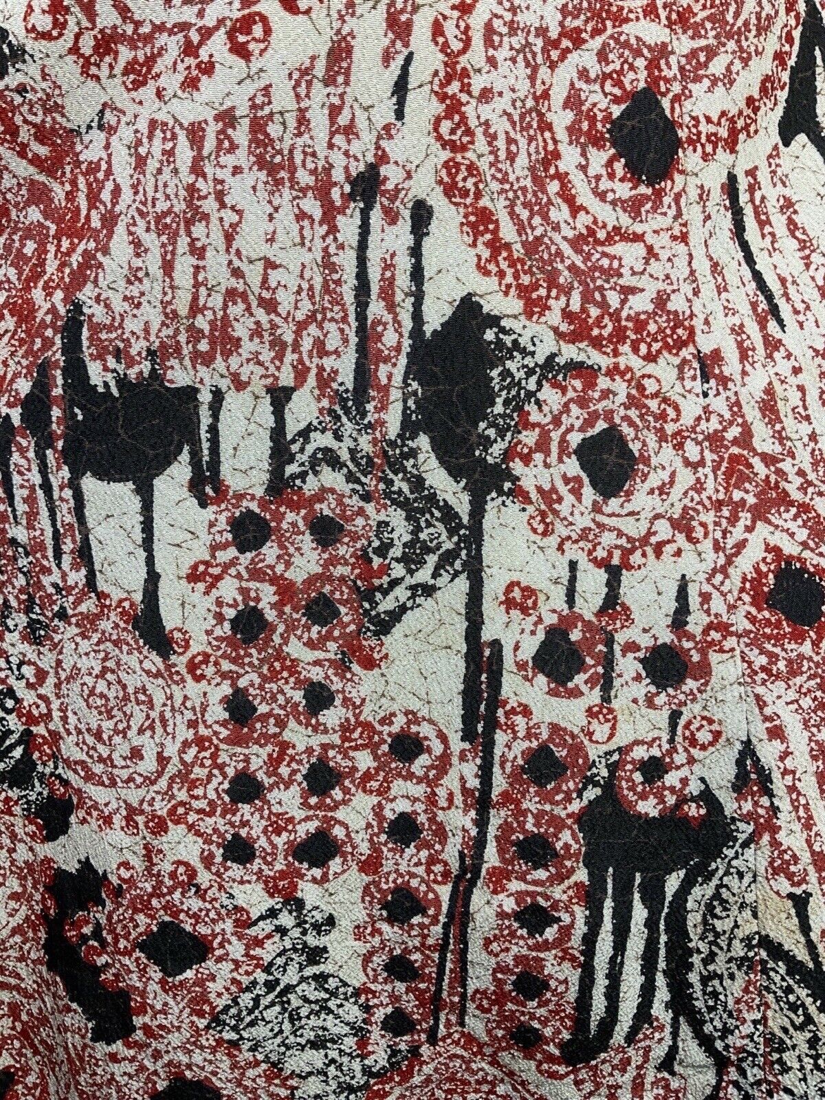 VINTAGE 60s 70s CREAM BLACK RED PSYCHEDELIC SWIRL BELTED SWING DRESS 12 14