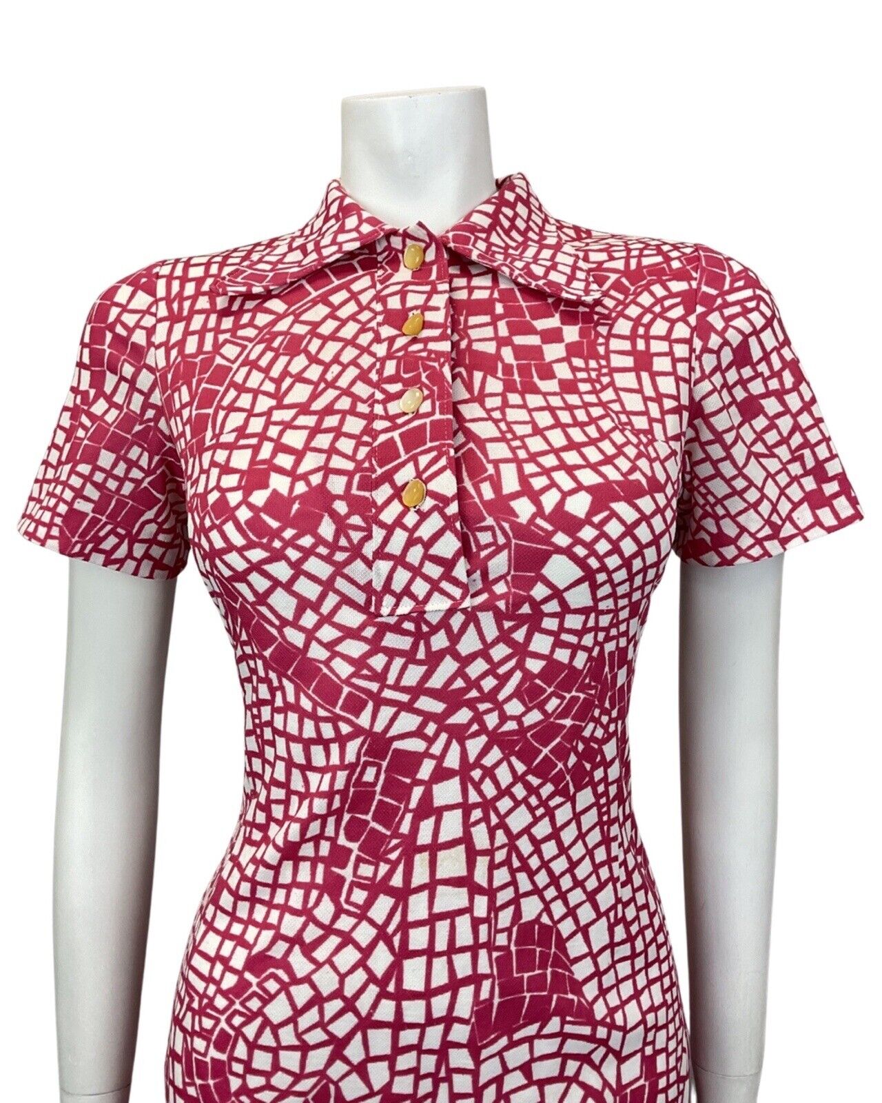 VINTAGE 60s 70s PINK WHITE PSYCHEDELIC GEOMETRIC MOD SHORT SHIRT DRESS 10 12