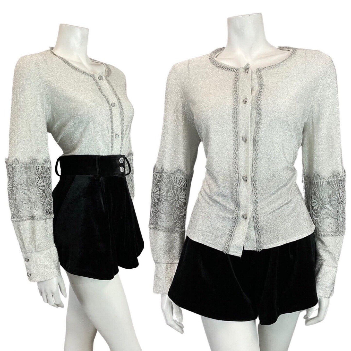 VTG 60s 70s METALLIC SILVER LUREX LACE DISCO PARTY STUDIO 54 JACKET BLOUSE 12 14