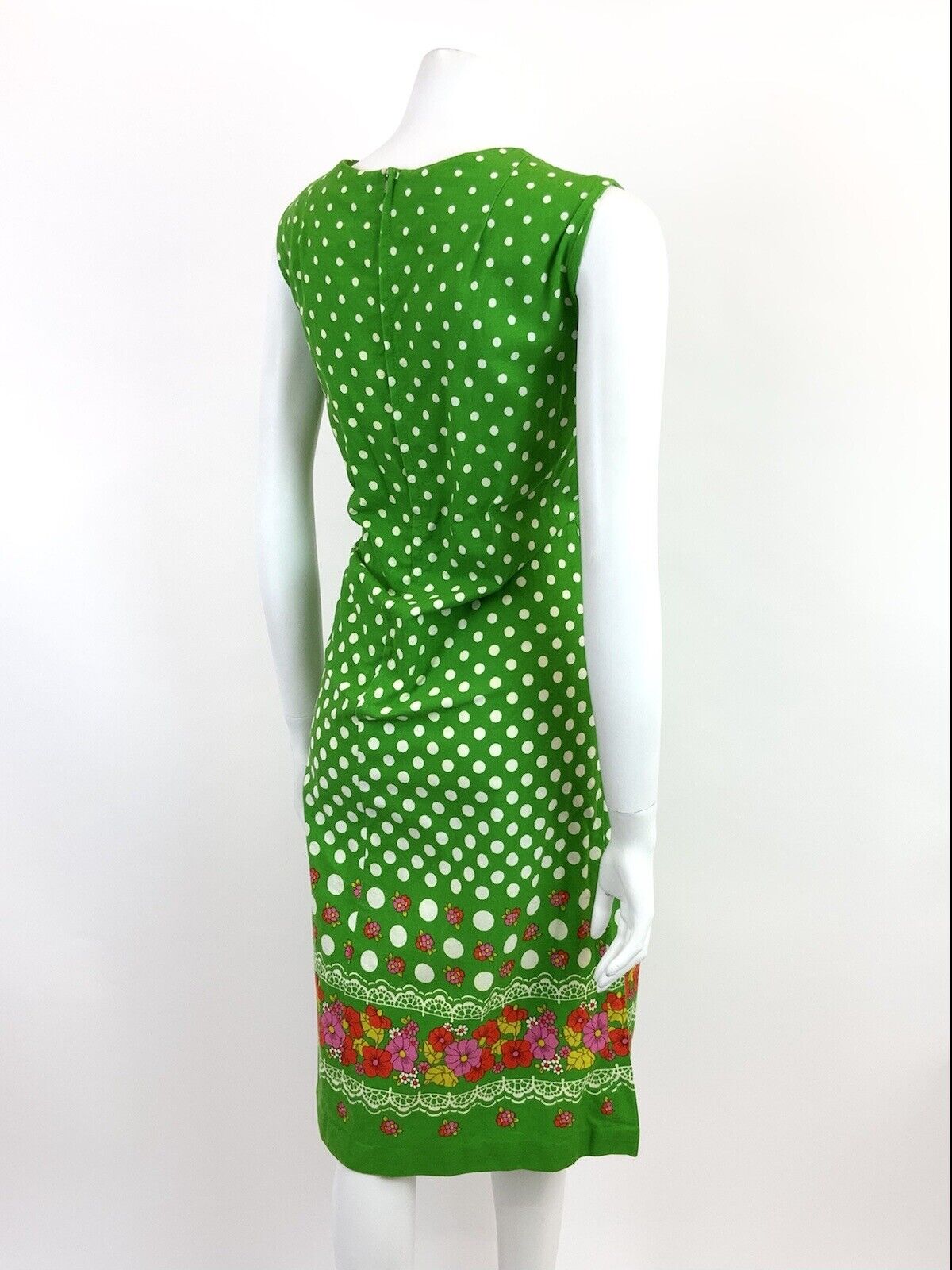VTG 60s 70s GREEN WHITE PINK POLKA-DOT FLORAL LACE BOHO FOLK A-LINE DRESS 10 12