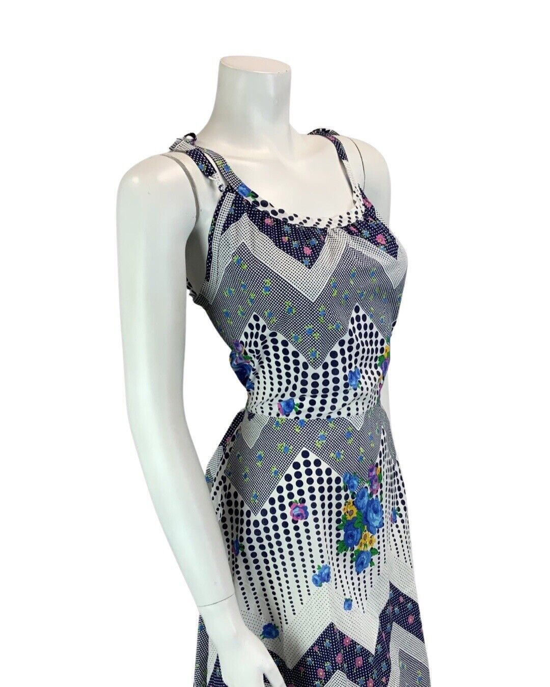 VINTAGE 60s 70s WHITE NAVY BLUE POLKA DOT FLORAL SUMMER DRESS 12