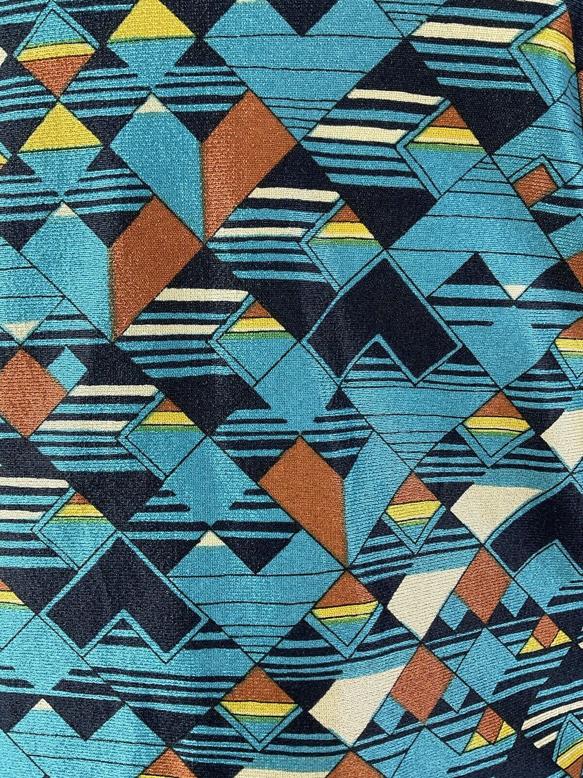 VTG 60s 70s METALLIC BLUE BRONZE CREAM GEOMETRIC CHECKED DAGGER BLOUSE 8 10