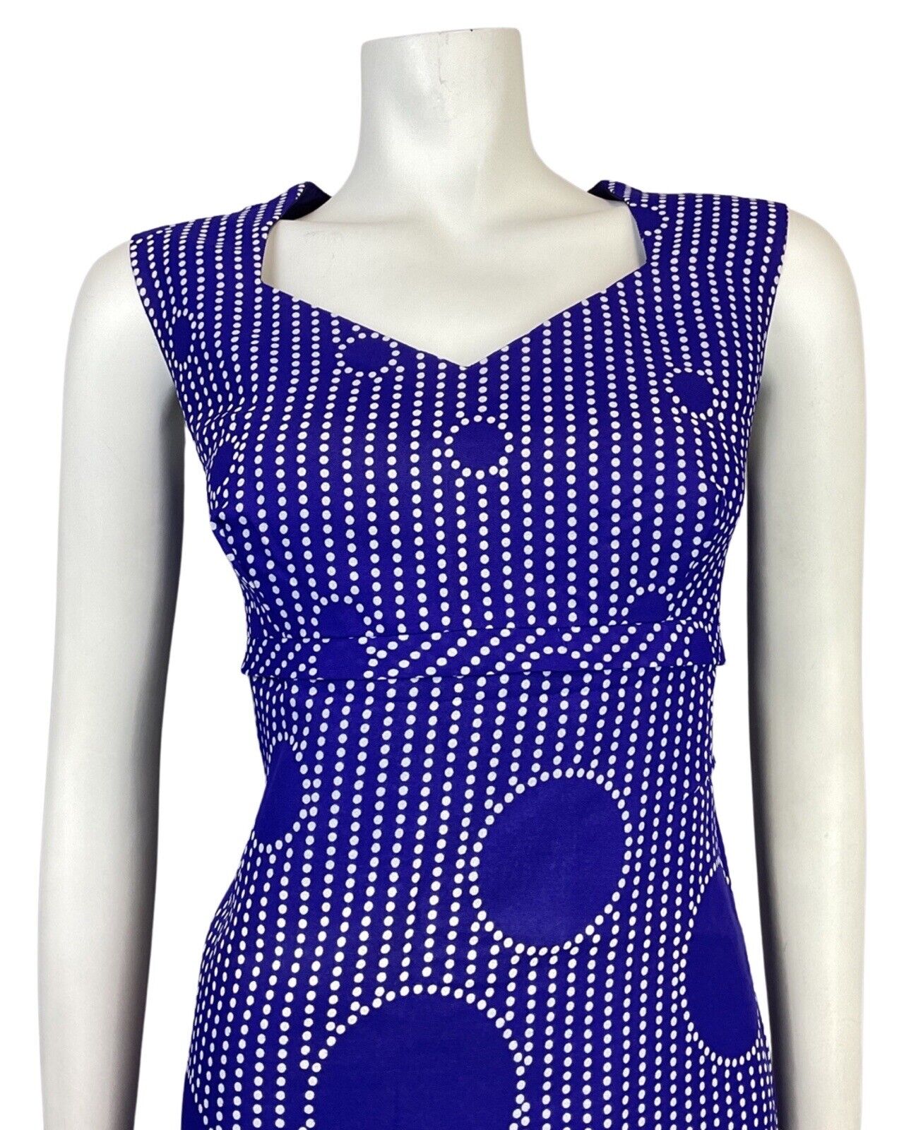 VINTAGE 60s 70s PURPLE WHITE POLKA-DOT STRIPED MANDALA MOD SLEEVELESS DRESS 14