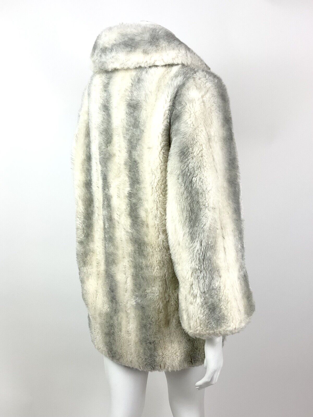 VINTAGE 60s 70s WHITE GREY BLACK STRIPED STUDIO 54 GLAM FAUX FUR COAT 14 16