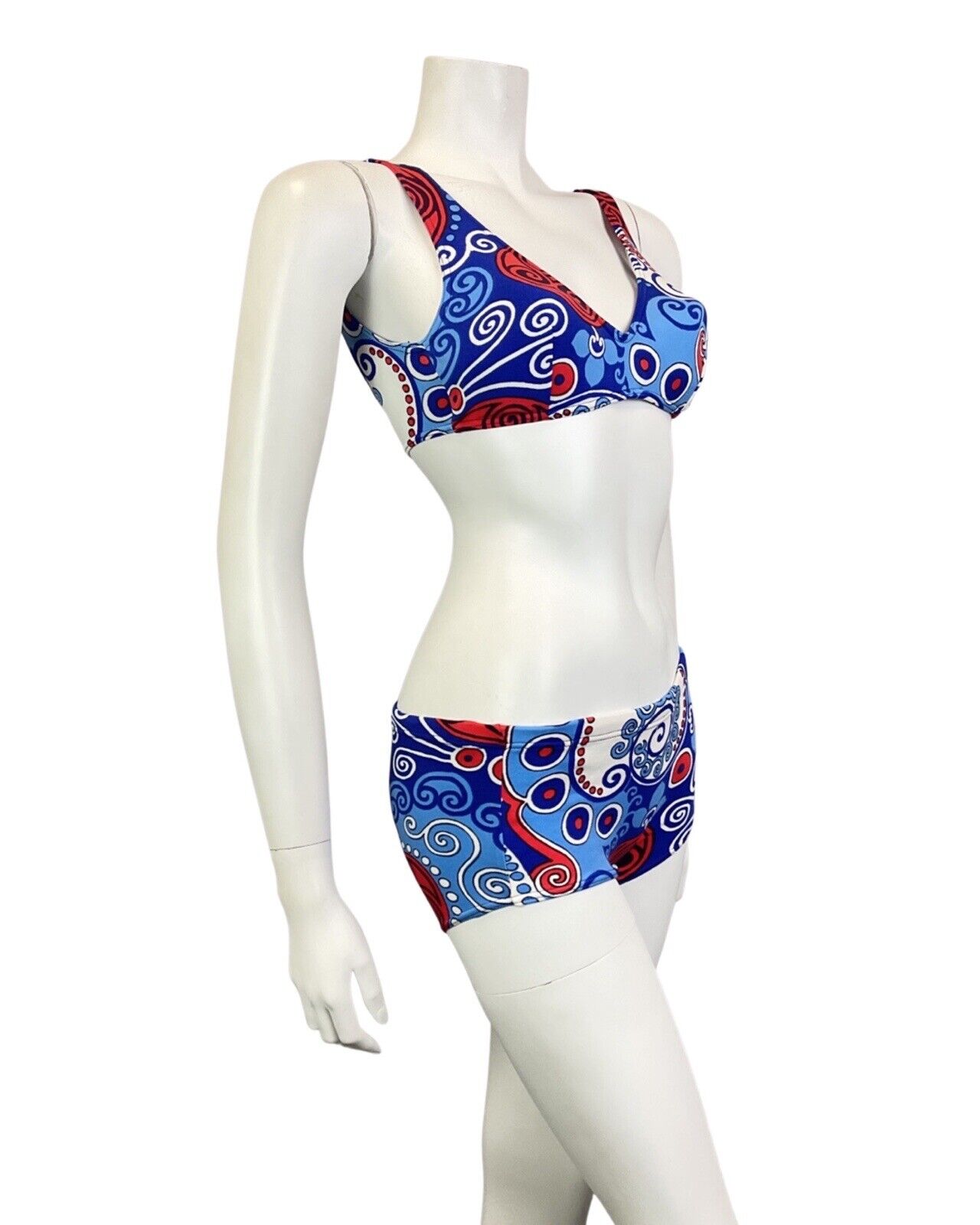 VINTAGE 60s 70s BLUE RED WHITE PSYCHEDLEIC SWIRL MOD BIKINI BRALETTE SHORTS 4