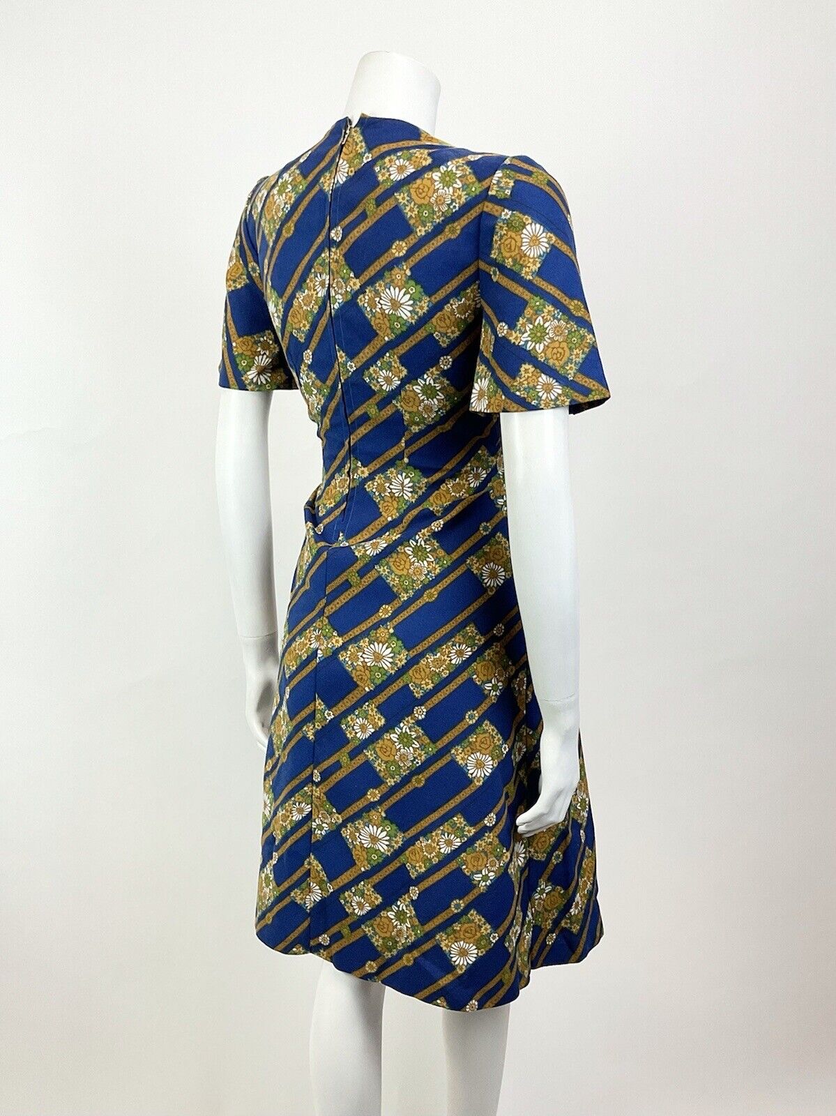 VTG 60s 70s BLUE GOLD BROWN GEOMETRIC DITSY FLORAL MOD SKATER SWING DRESS 8 10