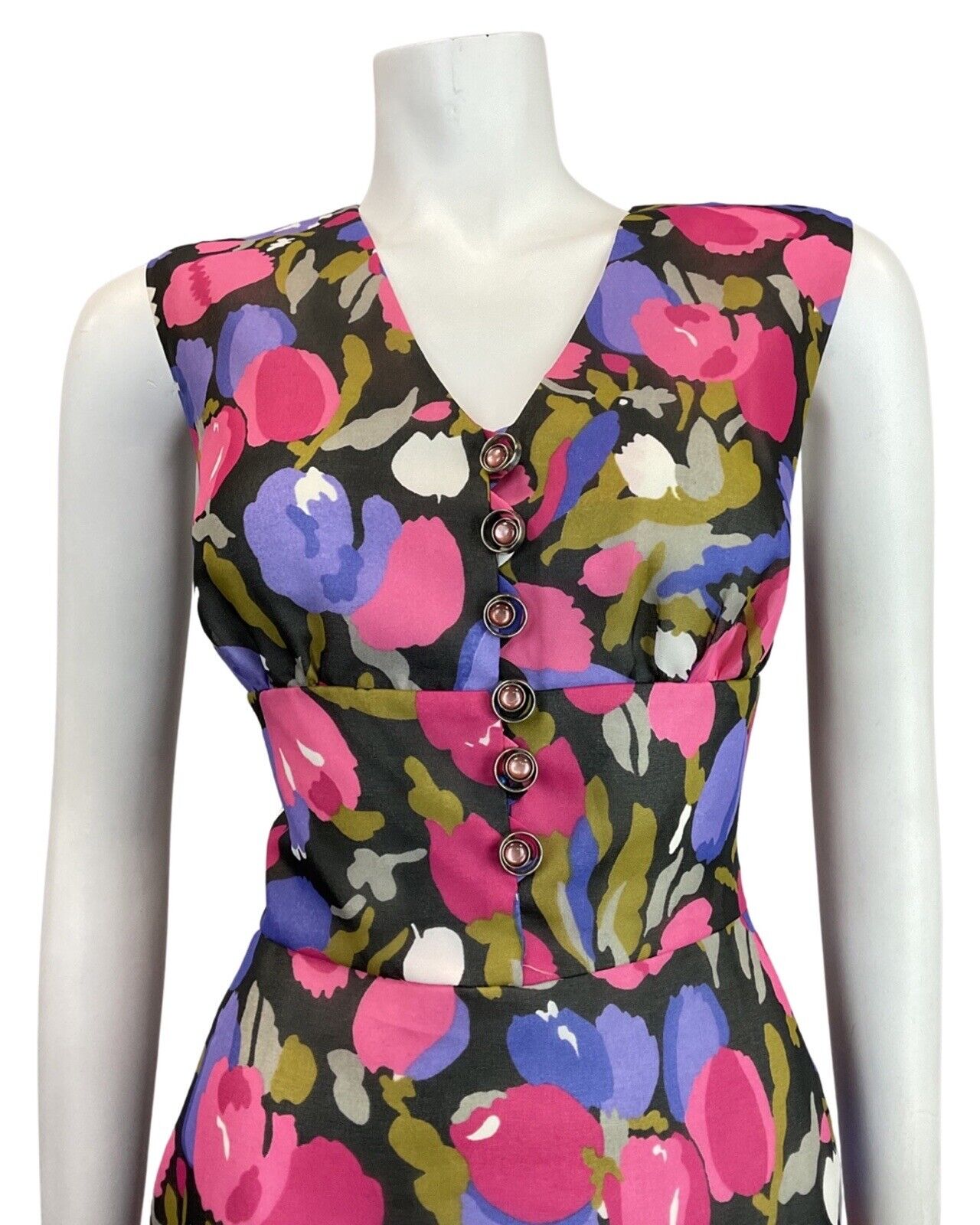VINTAGE 60s 70s PURPLE PINK BLACK TULIP FLORAL SLEEVELESS MOD SHORT DRESS 10 12