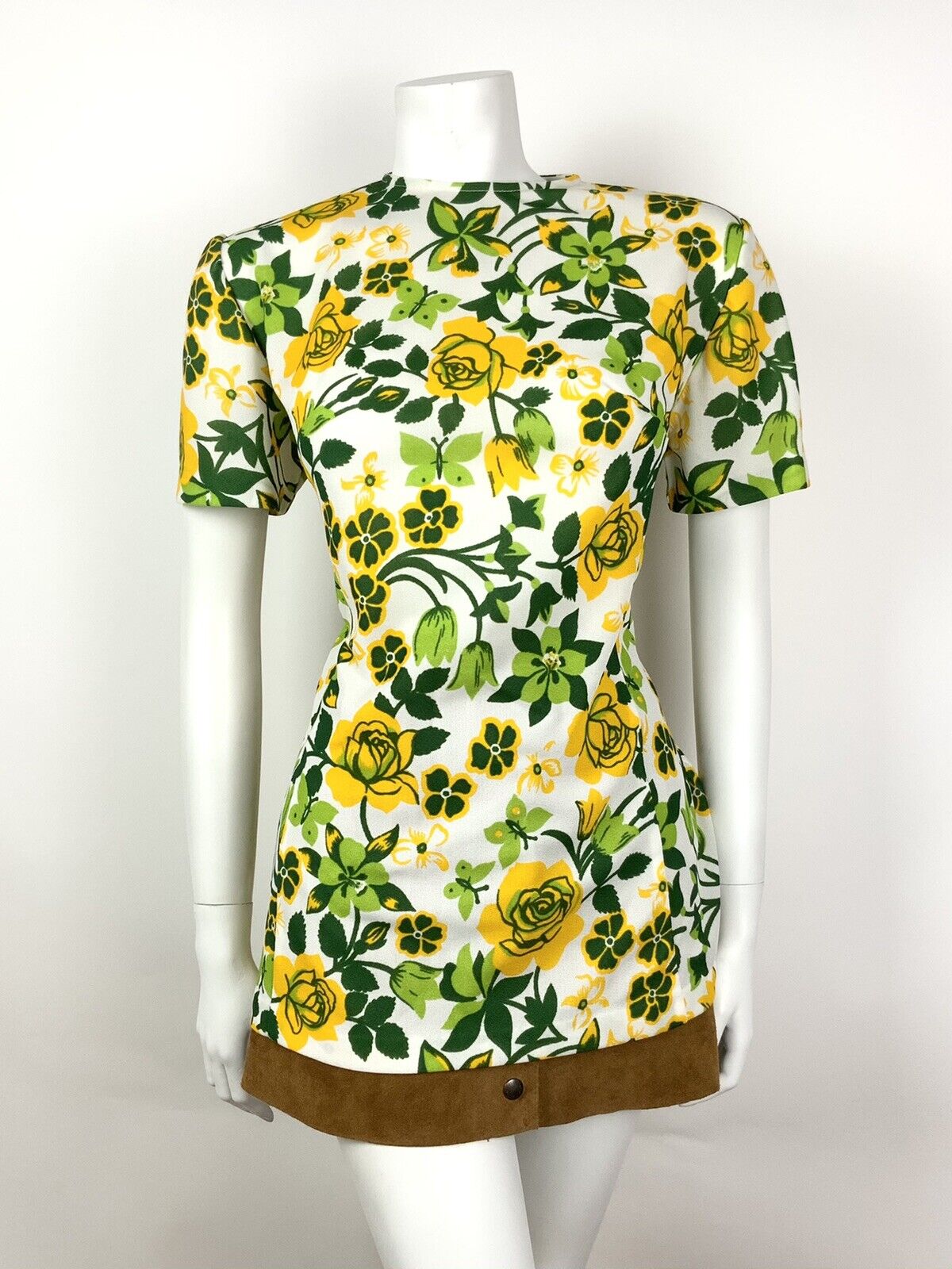 VINTAGE 60s 70s WHITE GREEN LIME YELLOW FLORAL ROSE TSHIRT TOP 12 14