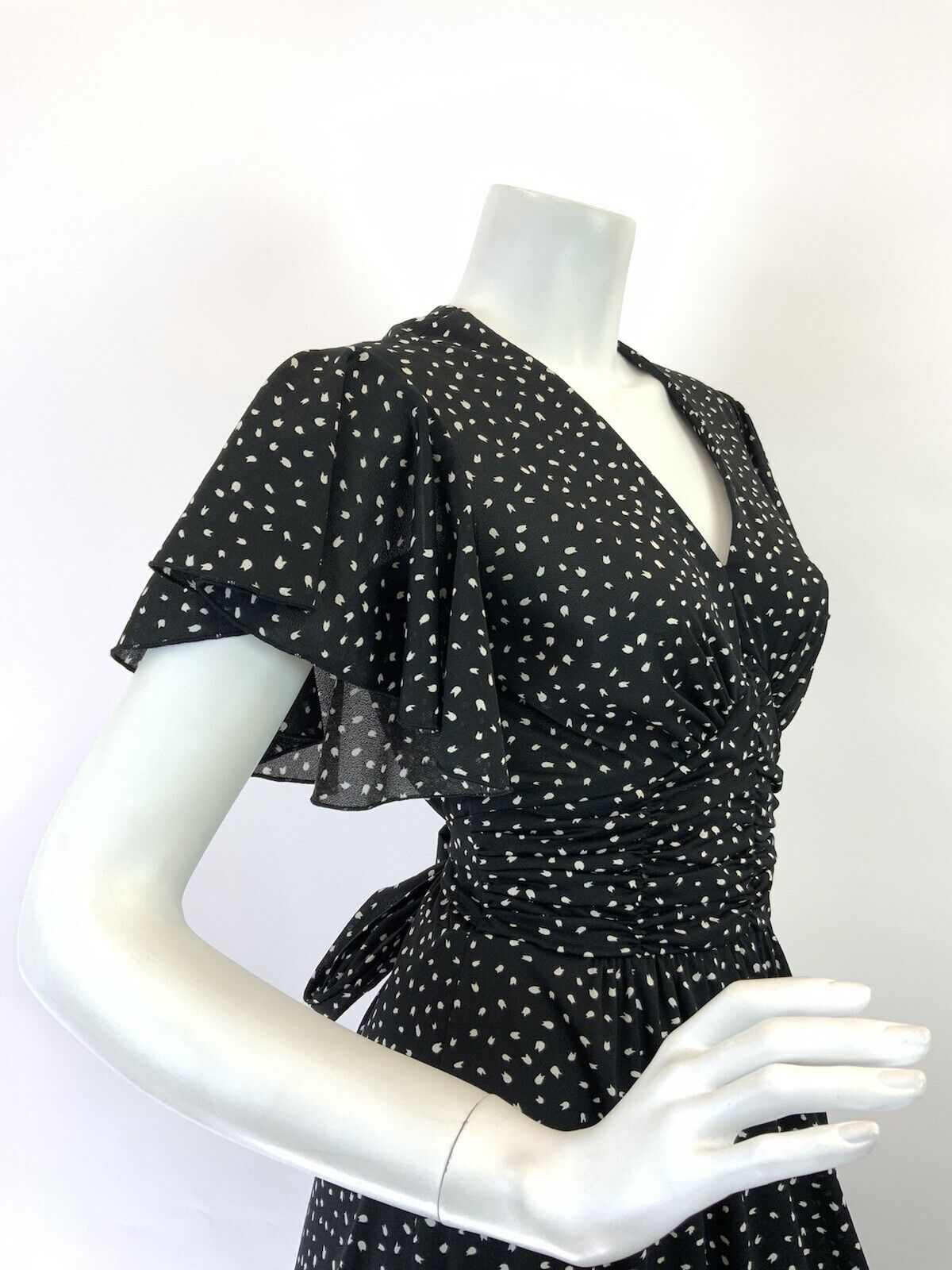 VINTAGE 60s 70s BLACK WHITE POLKA-DOT DASH RUFFLED FLARED SUMMER MAXI DRESS 8 10