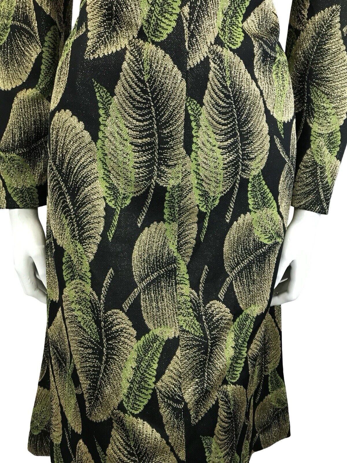 VTG 60S 70S BLACK GREEN GOLD LEAF LUREX SWEETHEART PARTY MIDI DRESS 1214 M