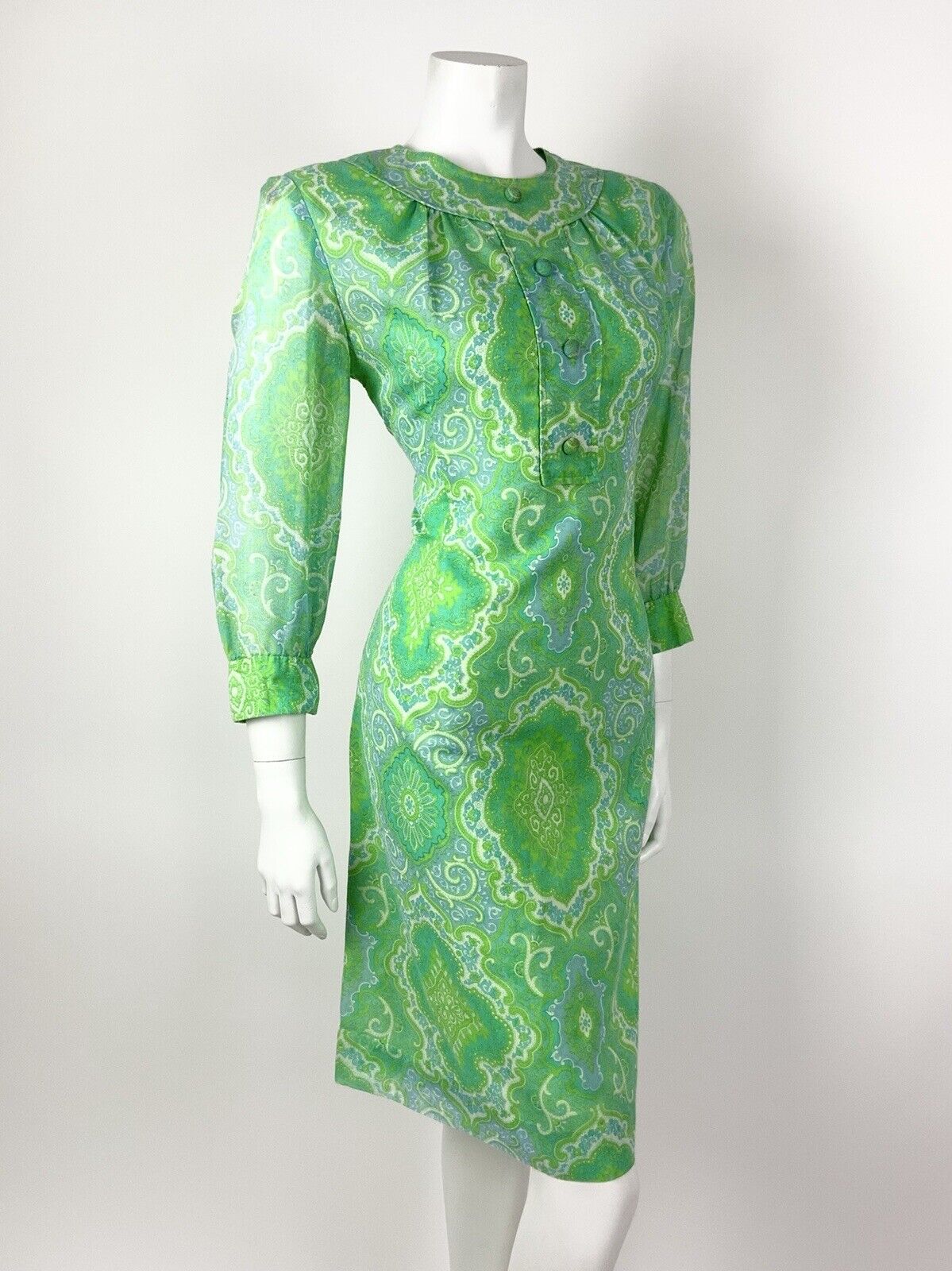 VTG 60s 70s GREEN BLUE WHITE FLORAL PSYCHEDELIC DAMASK BAROQUE MOD DRESS 12 14