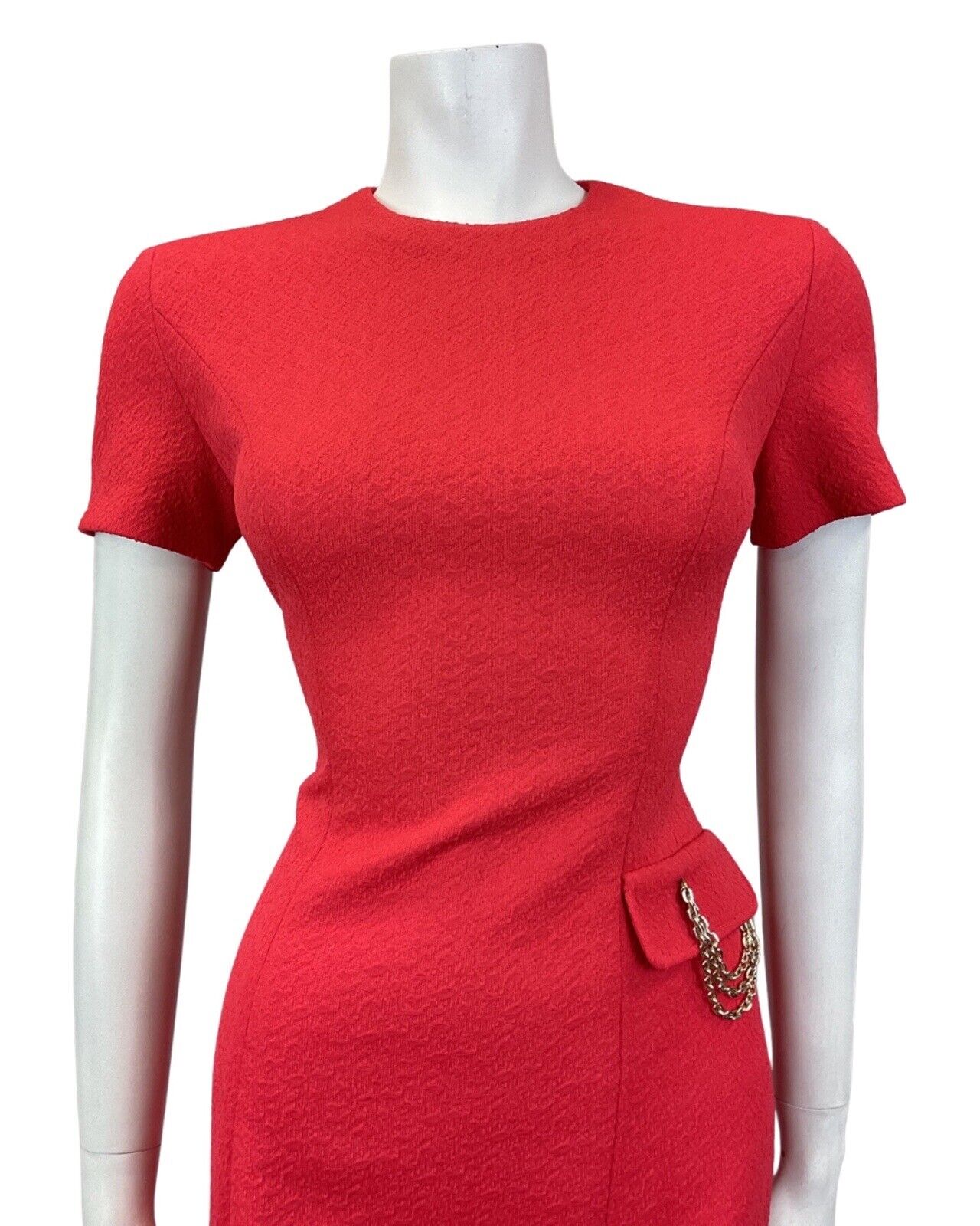 VINTAGE 60s 70s PILLARBOX RED SILVER CHAIN SHORT SLEEVE FITTED MOD DRESS 10