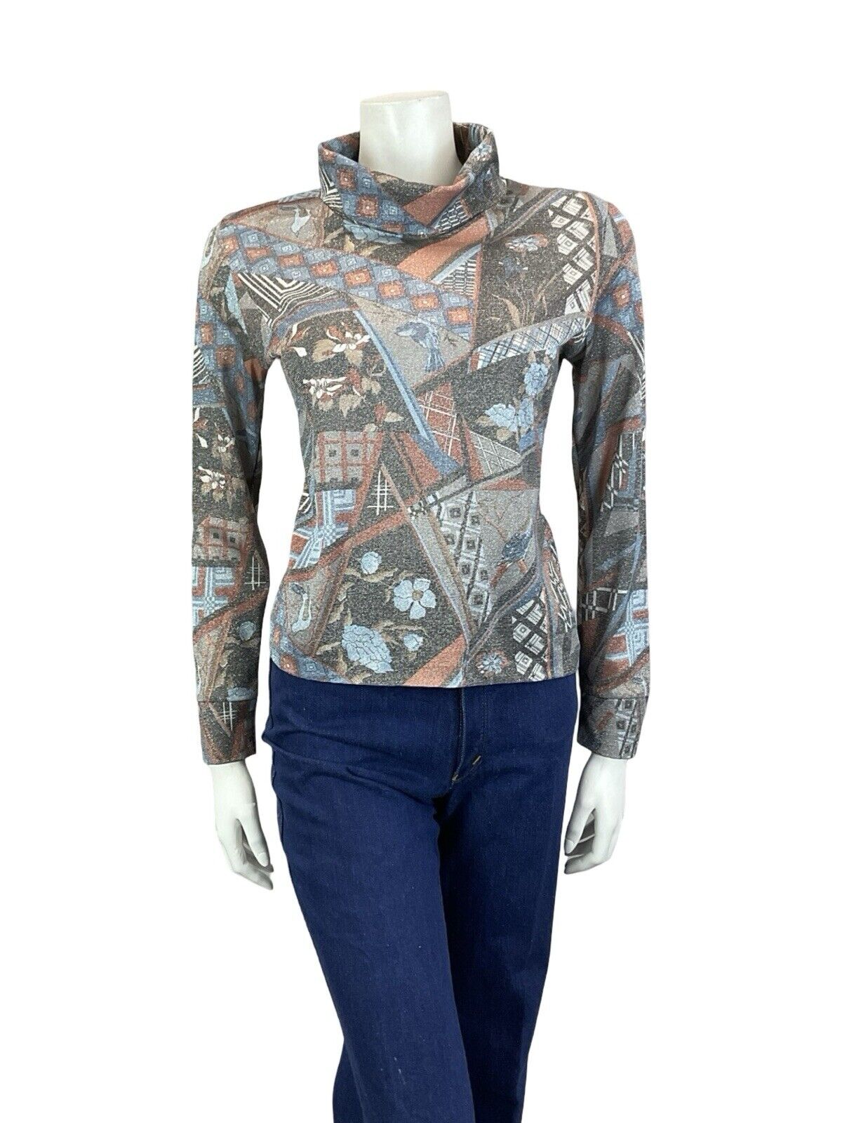 VTG 60S 70S BLACK RED BLUE LUREX GEOMETRIC FLORA BIRD PARTY TURTLENECK TOP 8