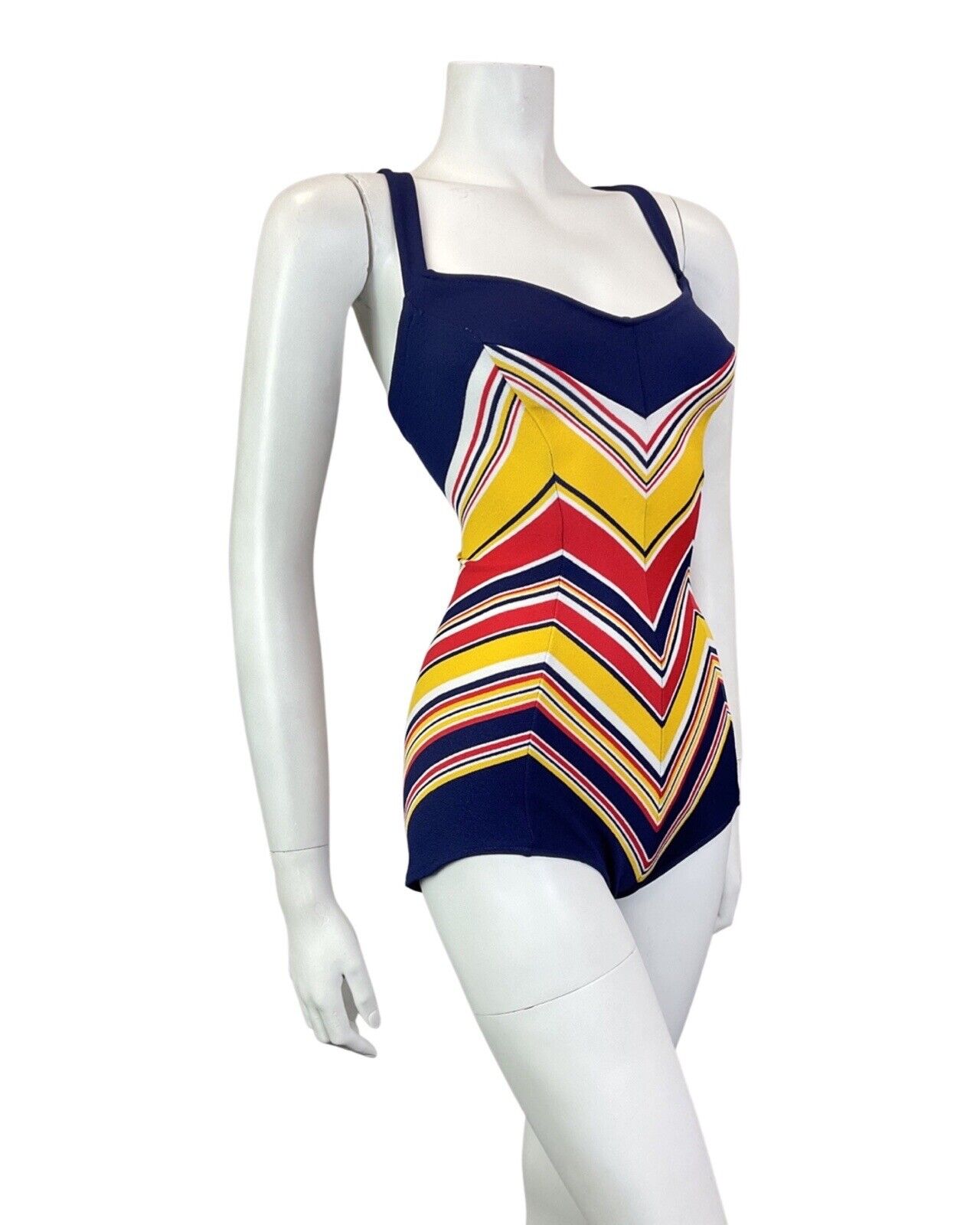 VINTAGE 60s 70s BLUE YELLOW RED STRIPED CHEVRON MOD BOY SHORT SWIMSUIT 12 14