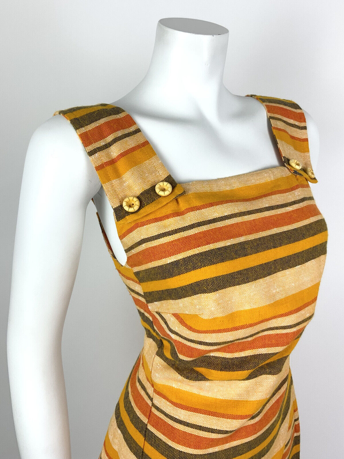 VINTAGE 60s 70s YELLOW ORANGE RED BLACK STRIPED MOD STRAPPY PINNY DRESS 10