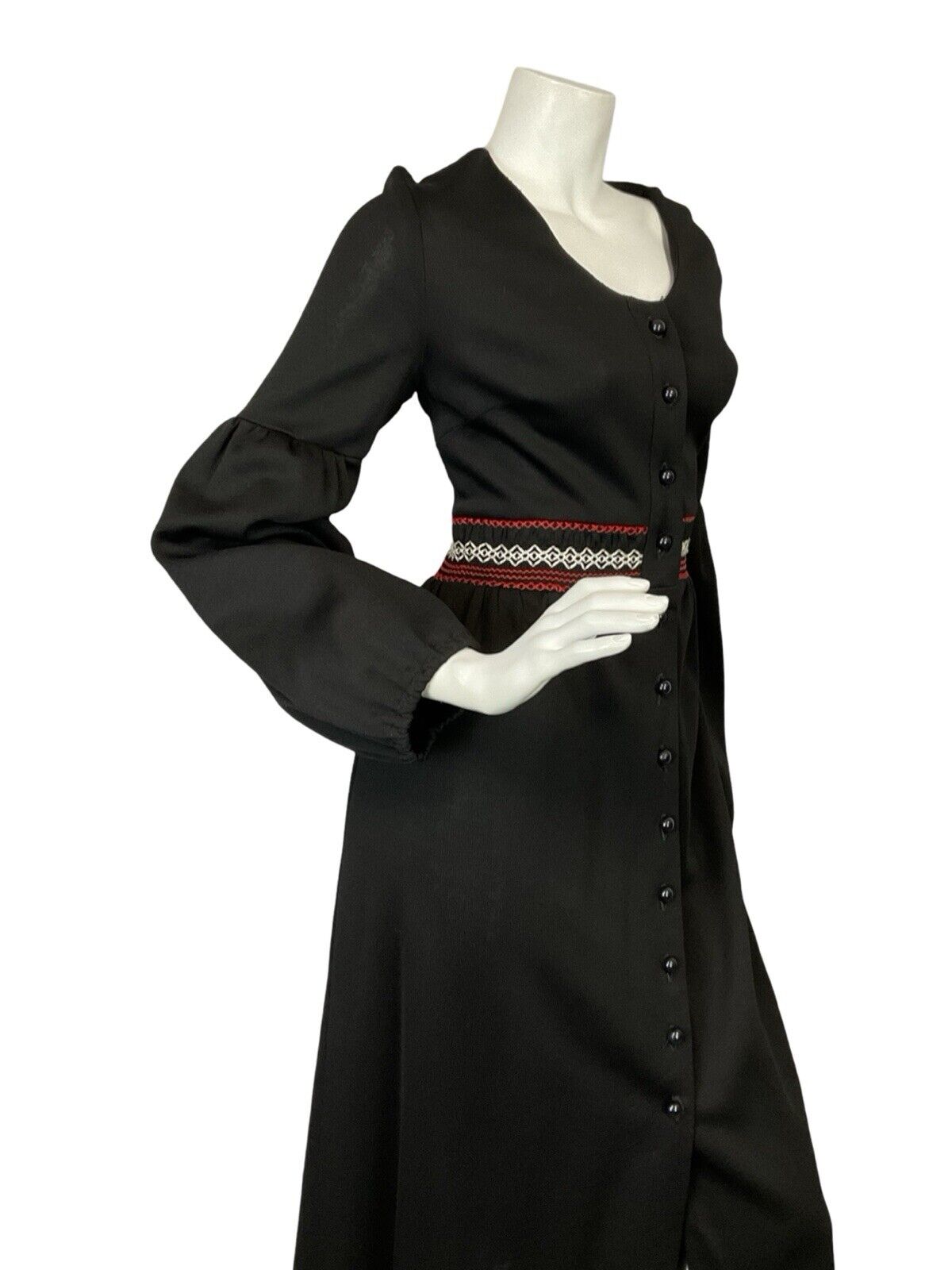 VTG 70S BLACK WHITE RED RUCHING JULIET SLEEVE BOHO HIPPY BUTTON UP MAXI DRESS 10