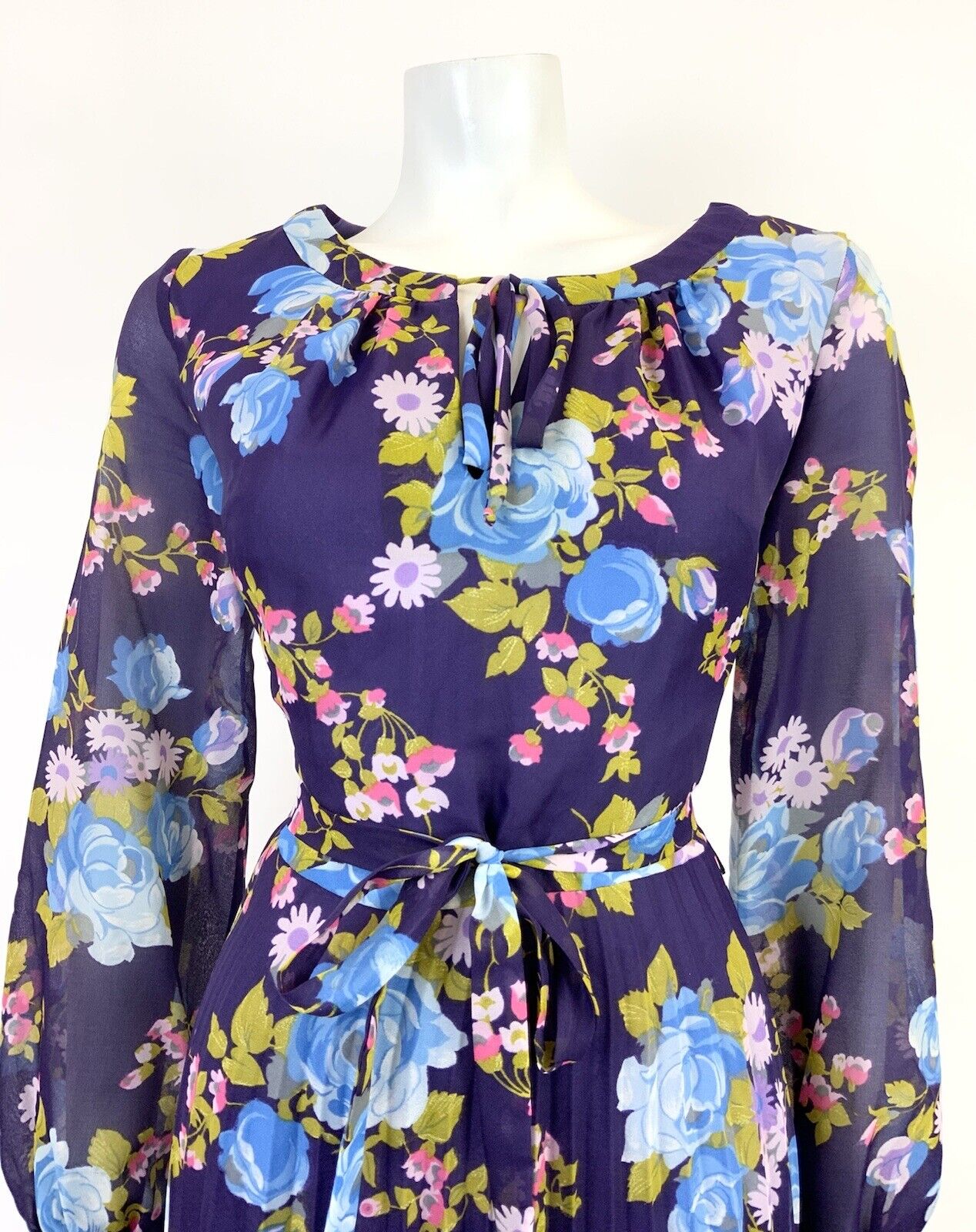 VINTAGE 60s 70s PURPLE BLUE PINK FLORAL ROSE PLEATED BOHO FOLK SHEER DRESS 12 14
