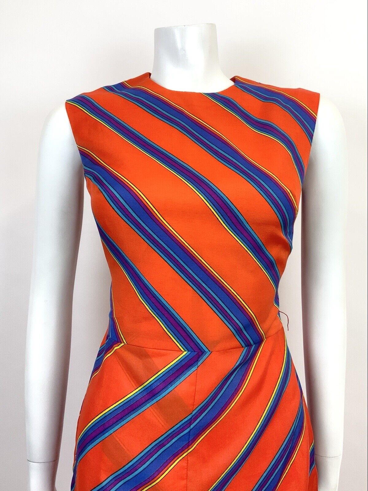VINTAGE 60s 70s ORANGE BLUE PURPLE STRIPED GEOMETRIC SLEEVELESS MOD DRESS 10