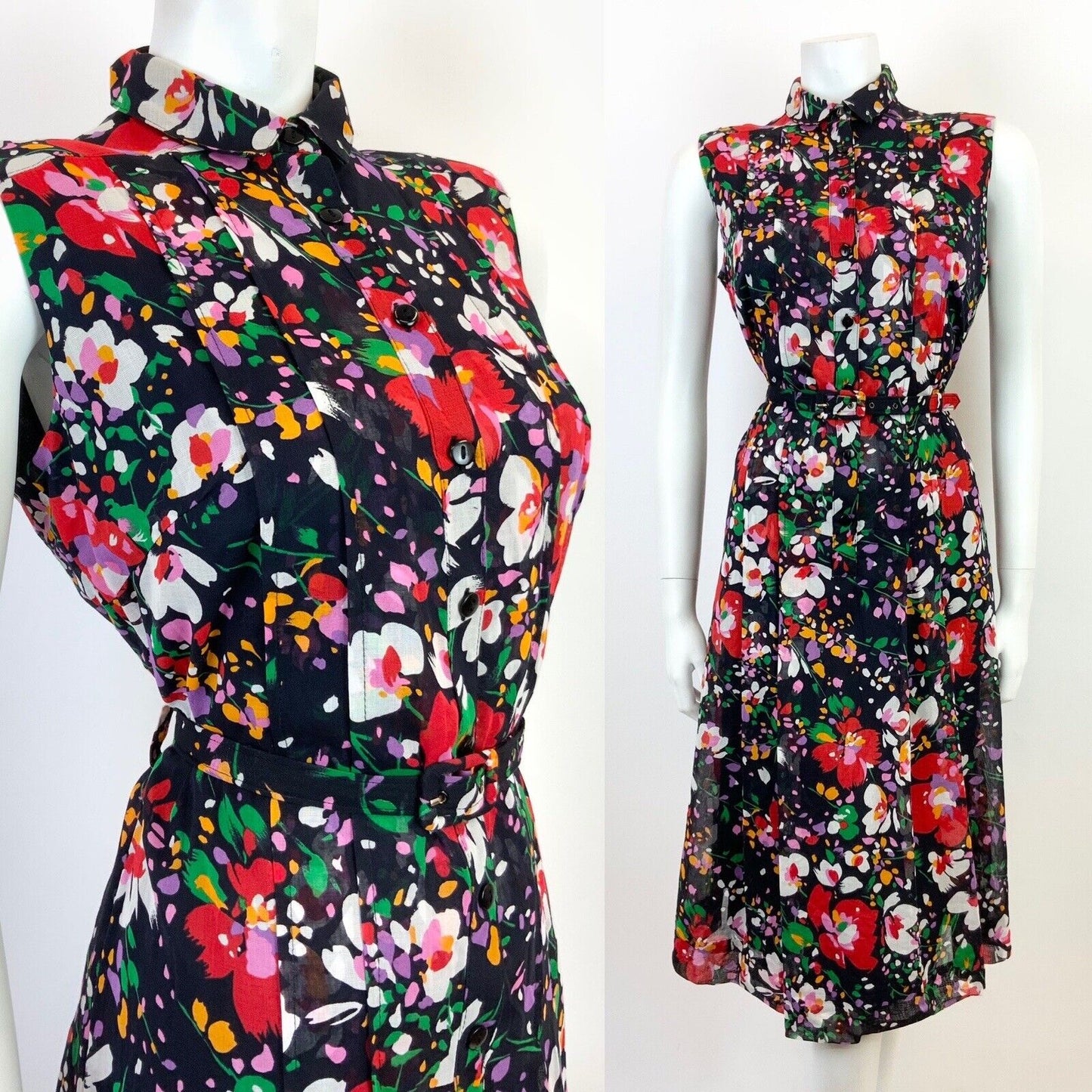 VTG 60s 70s BLACK RED WHITE GREEN FLORAL BELTED MOD SLEEVELESS SHIRT DRESS 12 14