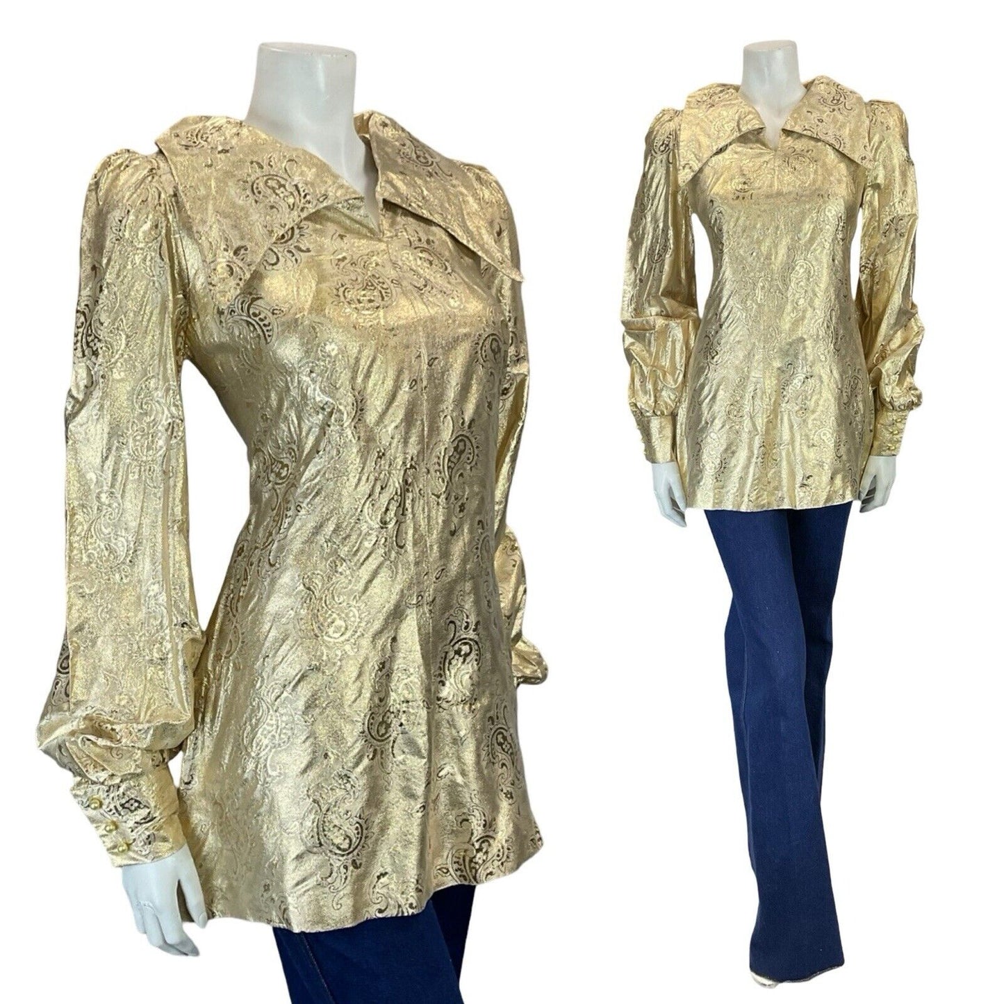 VTG 60S 70S GOLD BROCADE OVERSIZED COLLAR BISHOP SLEEVE PAISLEY TUNIC TOP 8 10 S