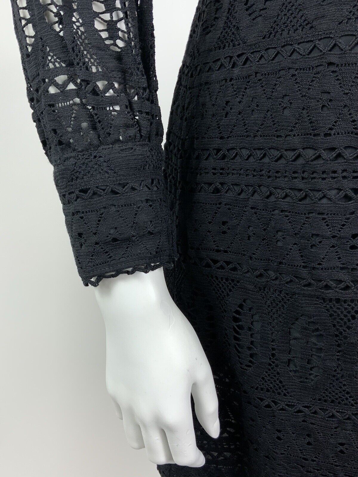 VINTAGE 60s 70s BLACK LACE CROCHET MOD COVEN GLAM WING COLLAR DRESS 10 12