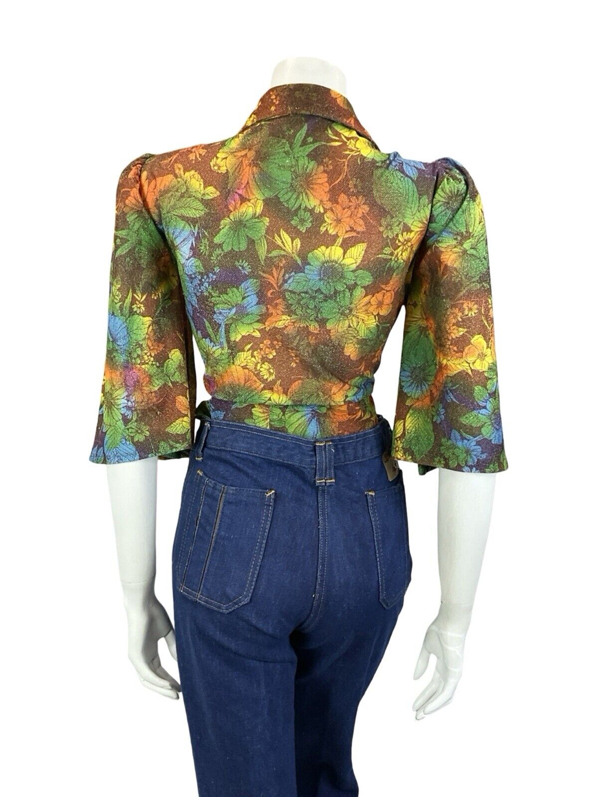 VTG 70S GREEN BROWN ORANGE FLORAL PSYCHDELIC CROPPED WRAP ANGEL SLEEVE TOP 14