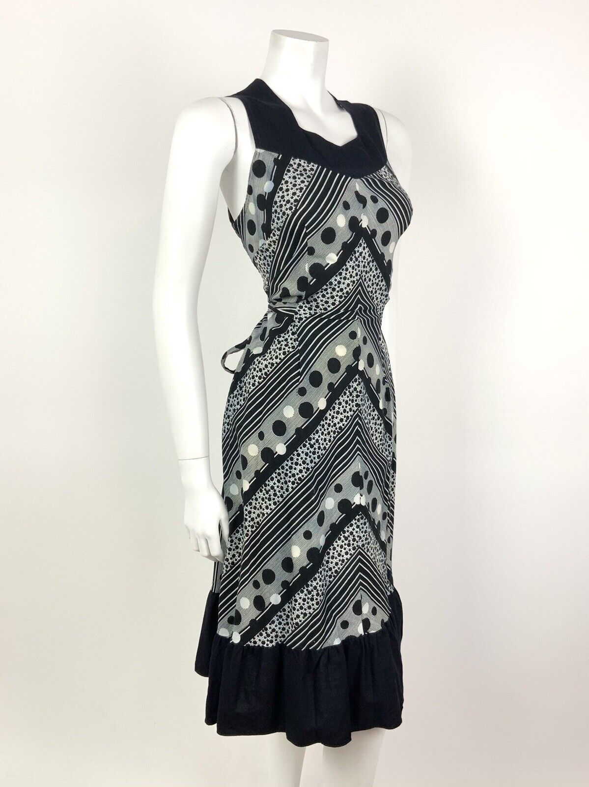 VTG 60s 70s BLACK WHITE STRIPED DOTTY GEOMETRIC FOLK BOHO RUFFLED DRESS 10 12
