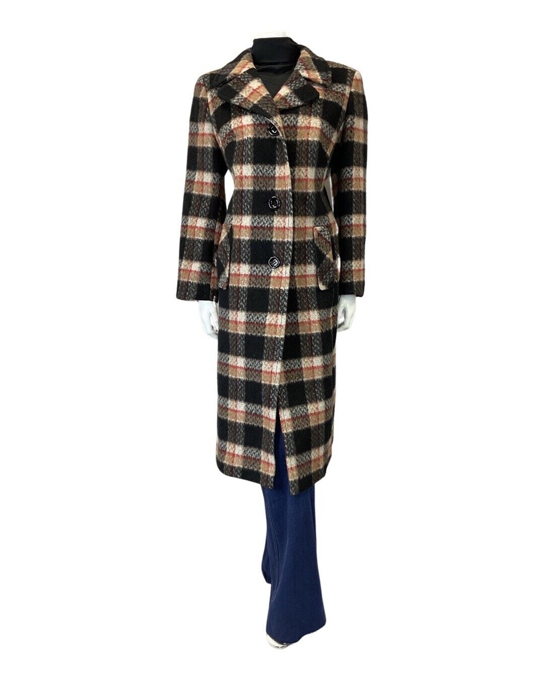VINTAGE 60s 70s BLACK CREAM RED PLAID CHECKED MOD WOOL COAT 16