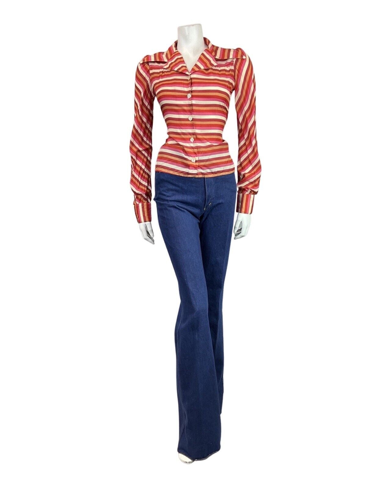 VINTAGE 60s 70s PINK RED GOLD STRIPED MOD DAGGER COLLAR SHIRT 8