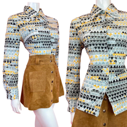 VINTAGE 60s 70s GREY SILVER YELLOW BLACK GEOMETRIC MOD DAGGER SHIRT BLOUSE 12 14