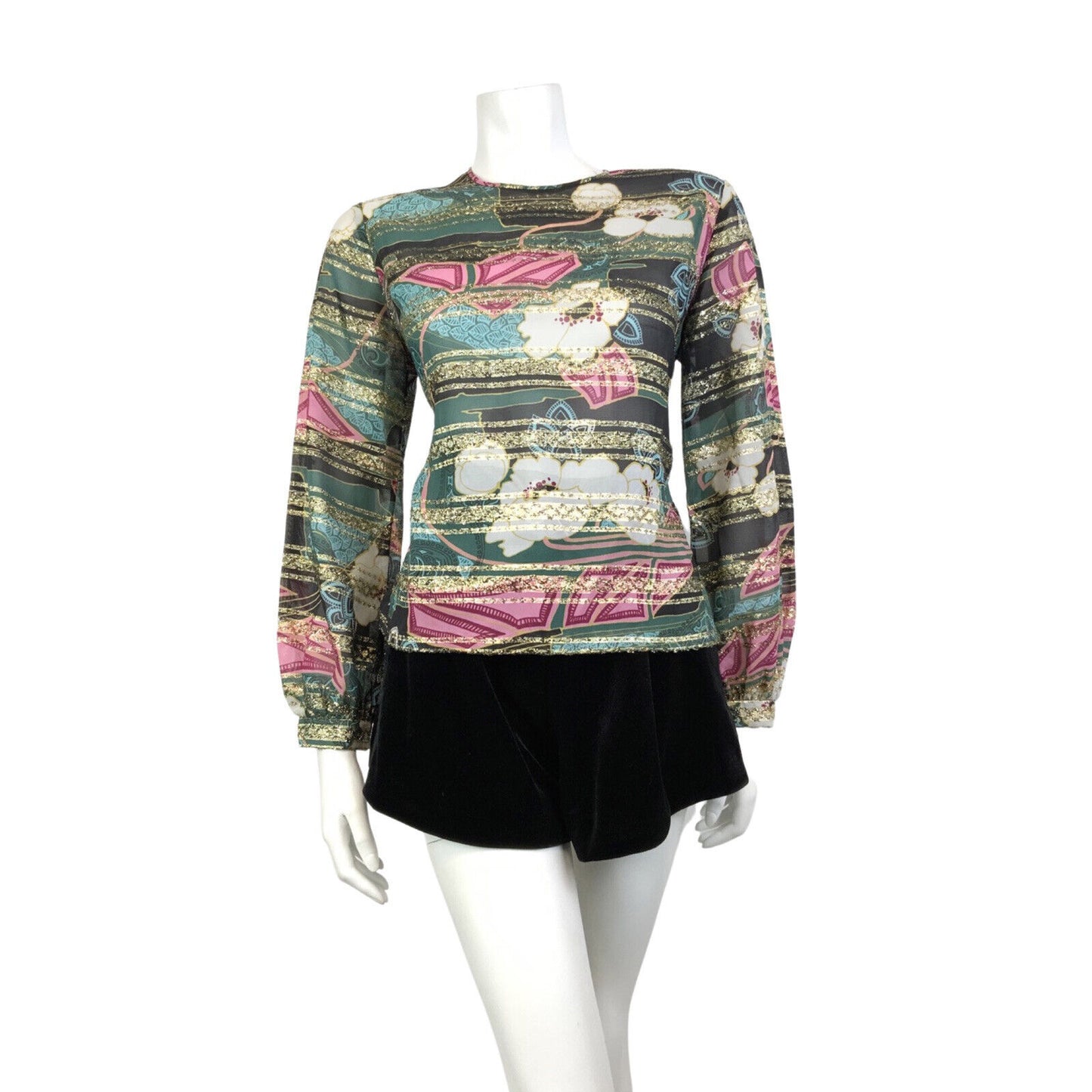 VINTAGE 60s 70s GREEN BLACK PINK GOLD PSYCHEDELIC FLORAL STRIPED SHEER TOP 12 14