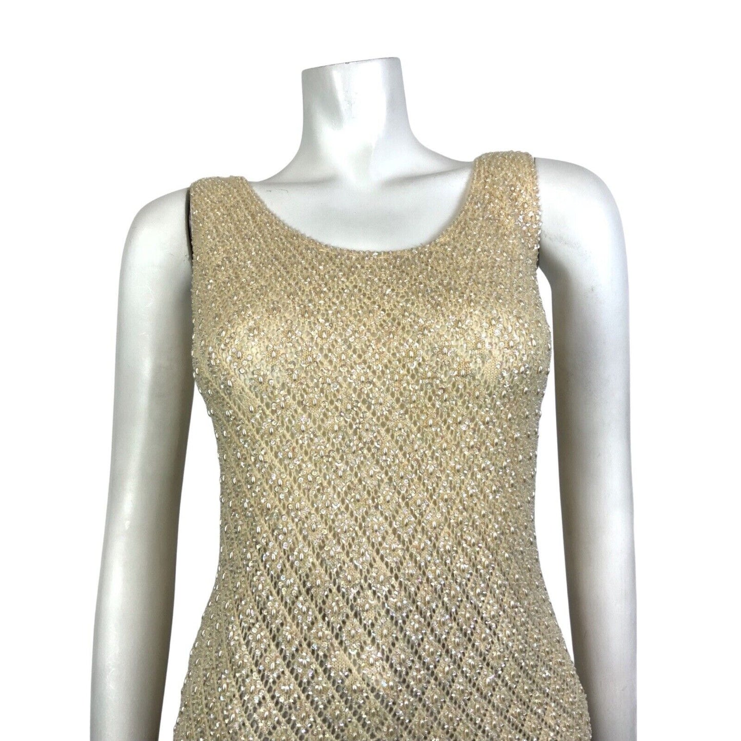VINTAGE 70s CREAM IRIDESCENT PEARL SEQUIN BEADED TASSELED KNITTED TOP 8 10