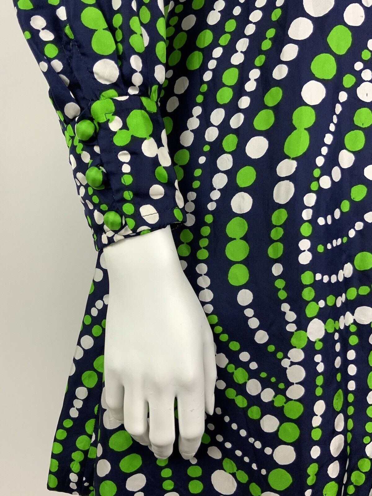 VINTAGE 60s 70s NAVY BLUE GREEN WHITE DOTTY WAVY MOD SPLIT SHIRT DRESS 10