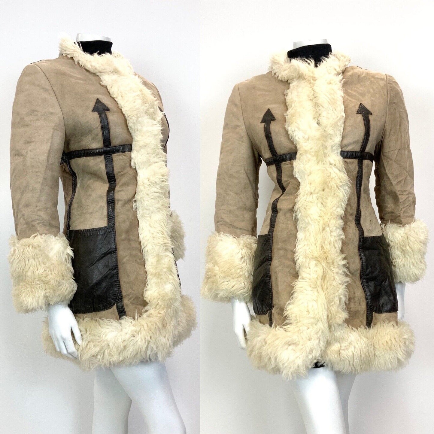 VINTAGE 60s 70s BEIGE SAND BROWN SUEDE LEATHER SHEARLING MOD COAT JACKET 8 10