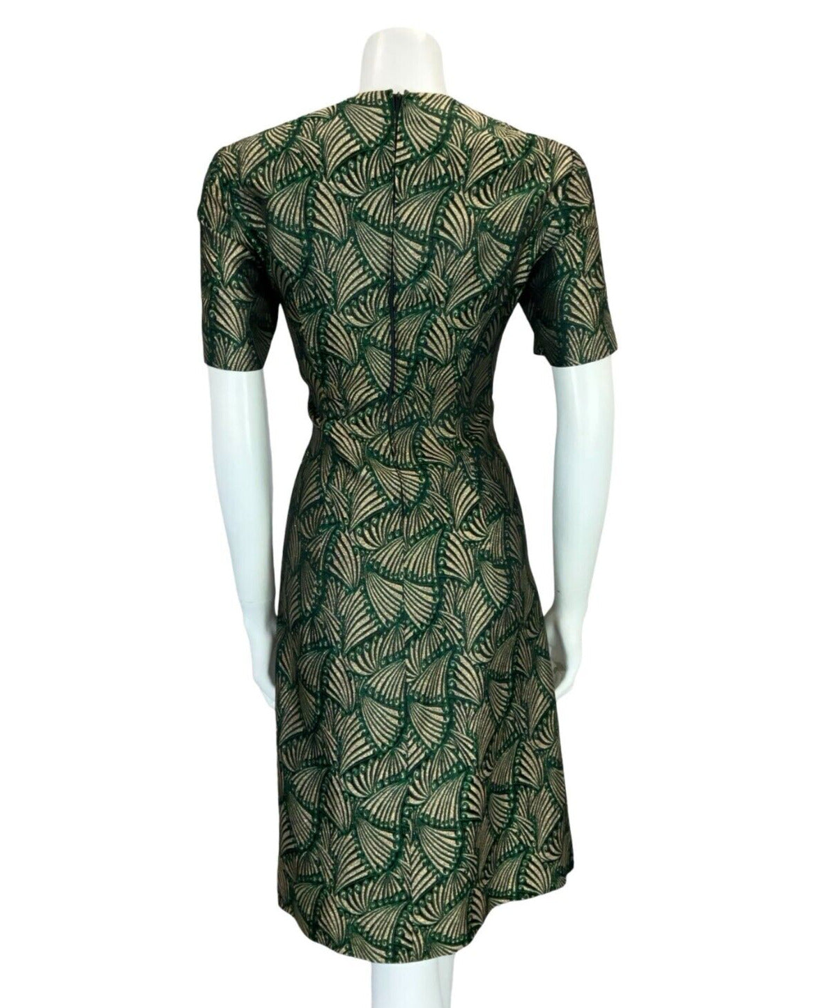 VTG 60S ART DECO FAN GOLD GREEN BLACK SHORT SLEEVE ROUNDED NECK DRESS 12