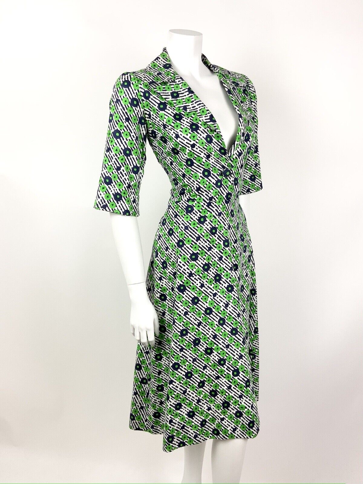 VINTAGE 60s 70s NAVY BLUE GREEN STRIPED FLORAL PLUNGING MOD SHIRT DRESS 12