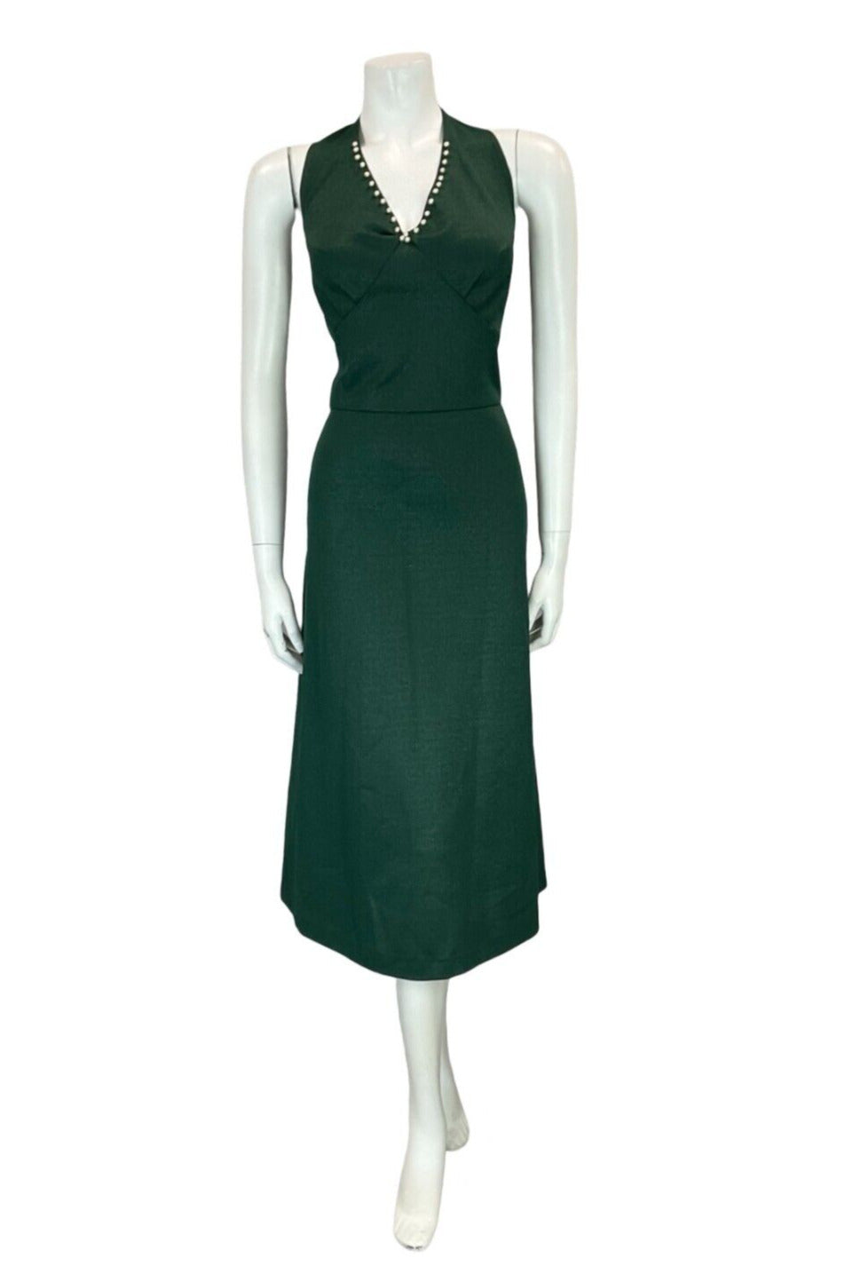 VTG 70S FOREST GREEN GLITTER LUREX PEARLS HALTER NECK MIDI DRESS SIZE 12 14 M