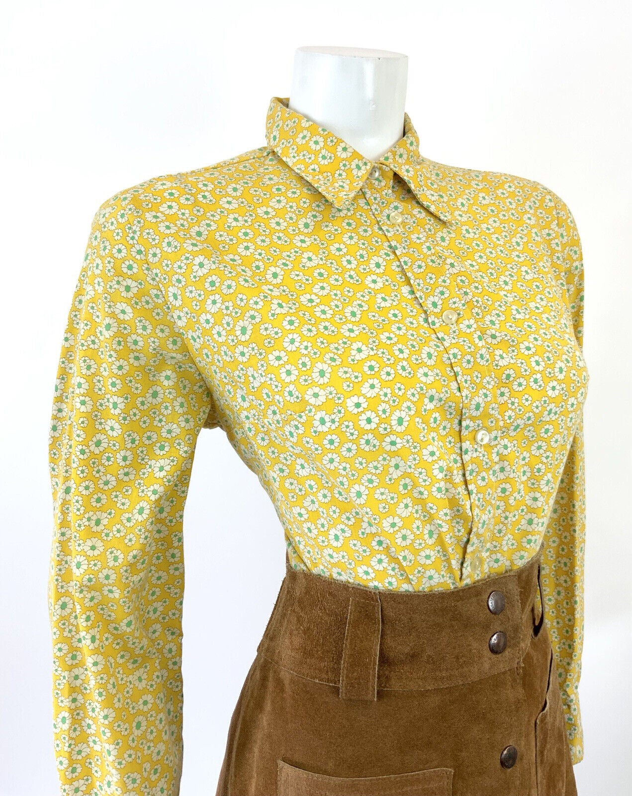 VINTAGE 60s 70s YELLOW WHITE GREEN FLORAL DITSY MOD DAGGER SHIRT BLOUSE 16 18