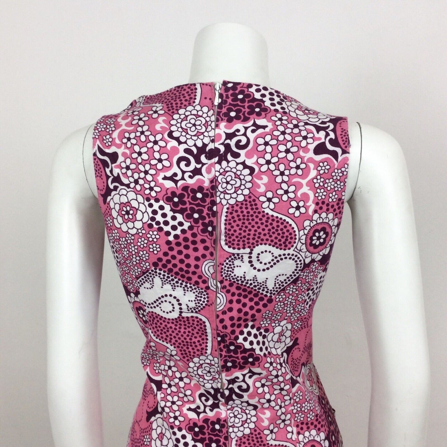 VINTAGE 60S COTTON PINK PURPLE PSYCHEDELIC FLORAL MINI DRESS 8 10