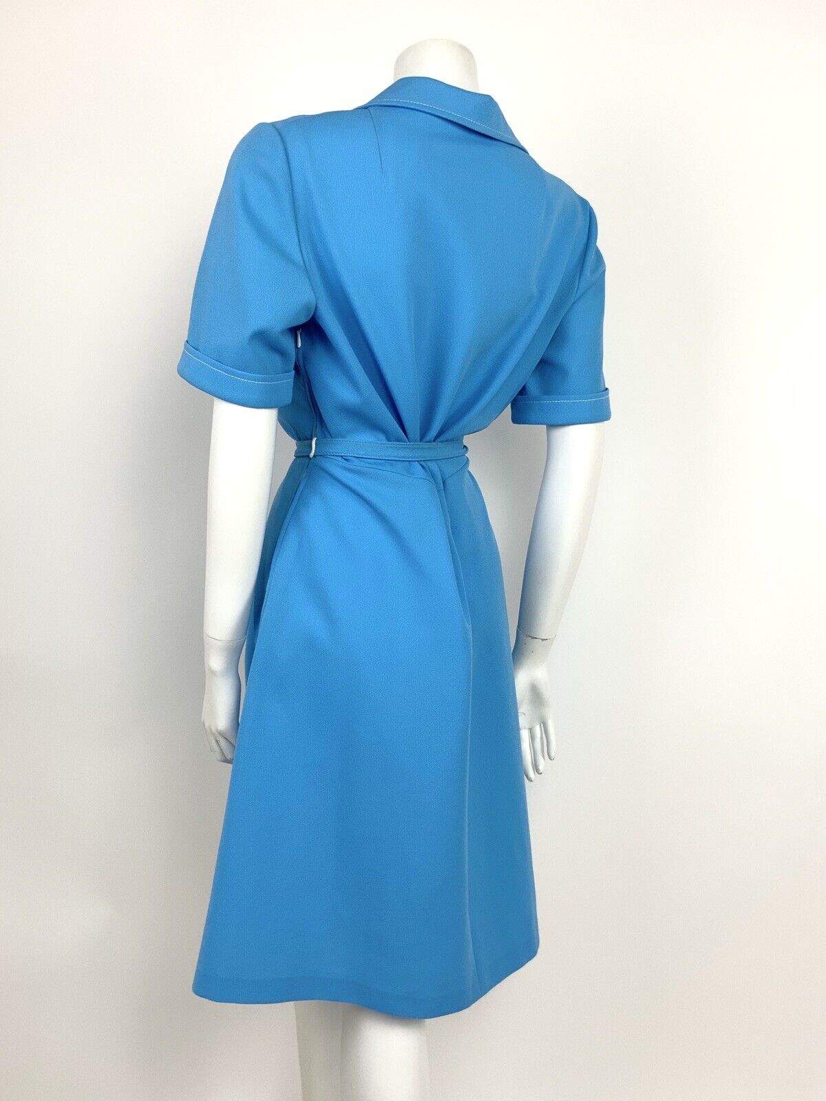 VINTAGE 60s 70s BLUE WHITE FLEUR DE LIS SHIRT WAIST BELTED DRESS SUMMER 14 16