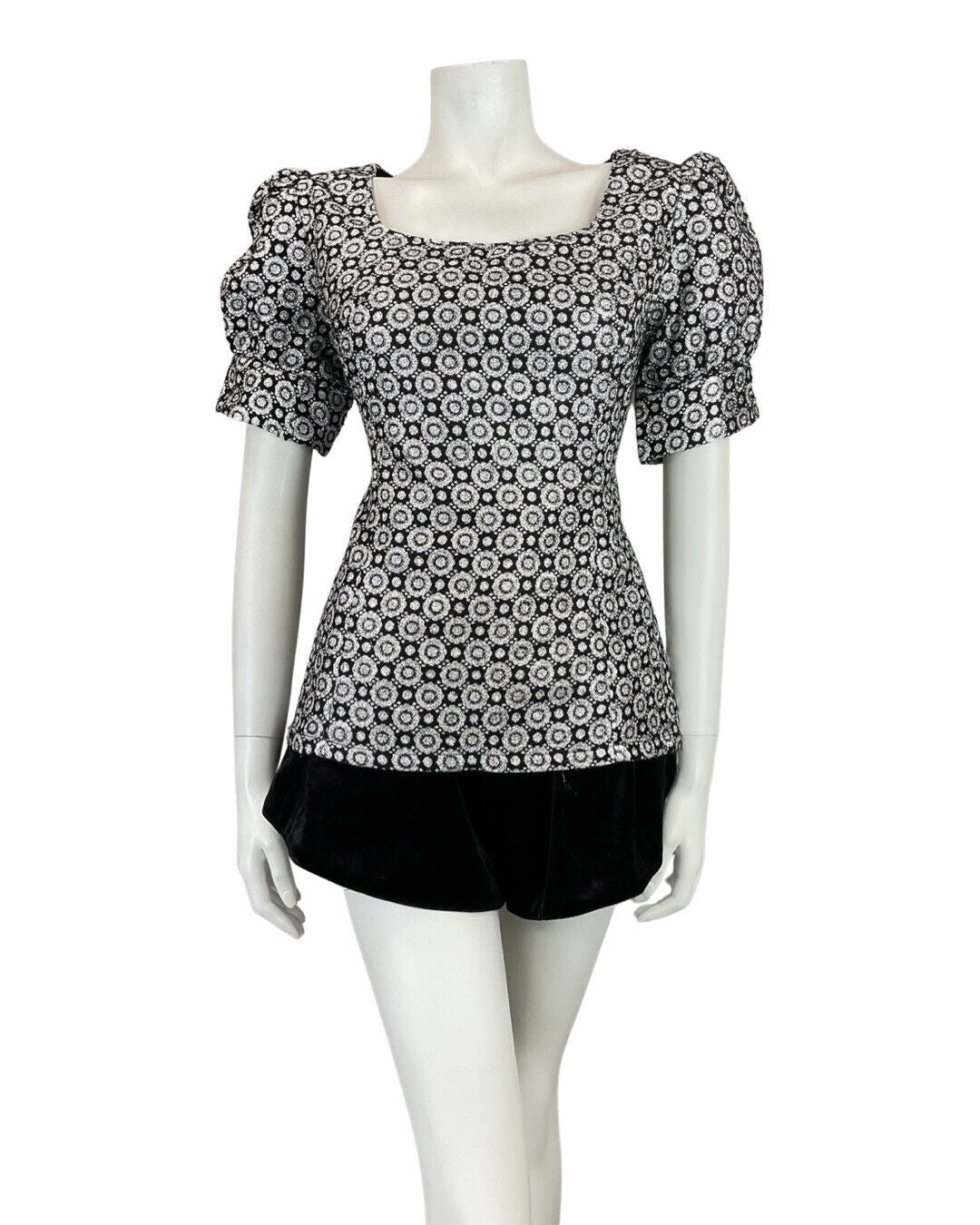 VINTAGE 60s 70s SILVER BLACK GEOMETRIC DISCO STUDIO 54 LUREX BLOUSE 14 16