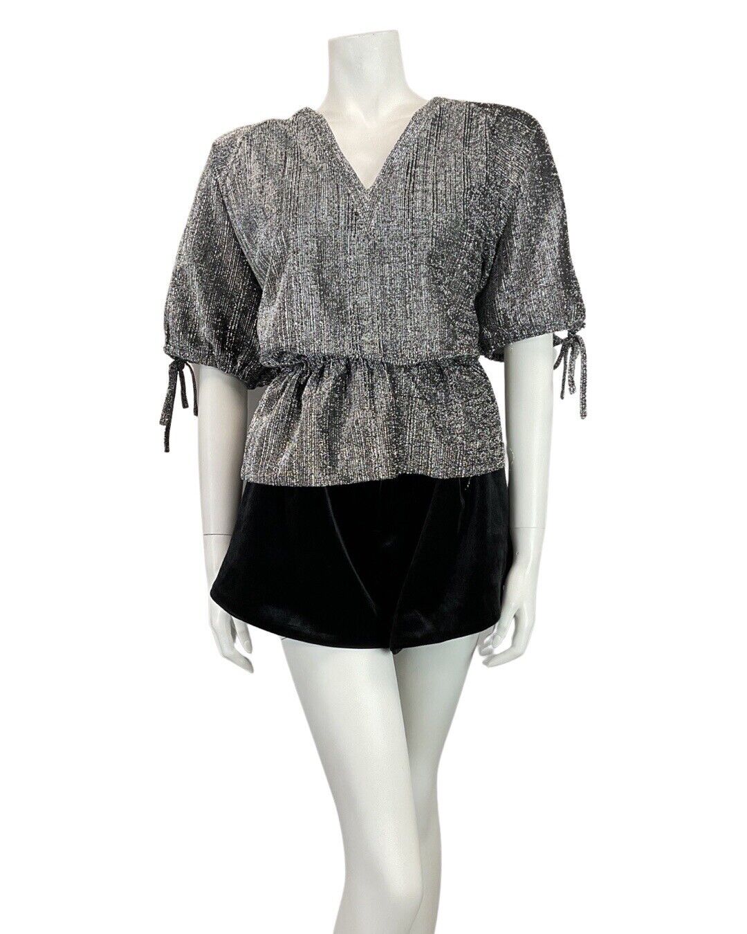 VINTAGE 60s 70s SILVER DISCO PARTY LUREX BLOUSE SHORT SLEEVE BLOUSE TOP 12 14