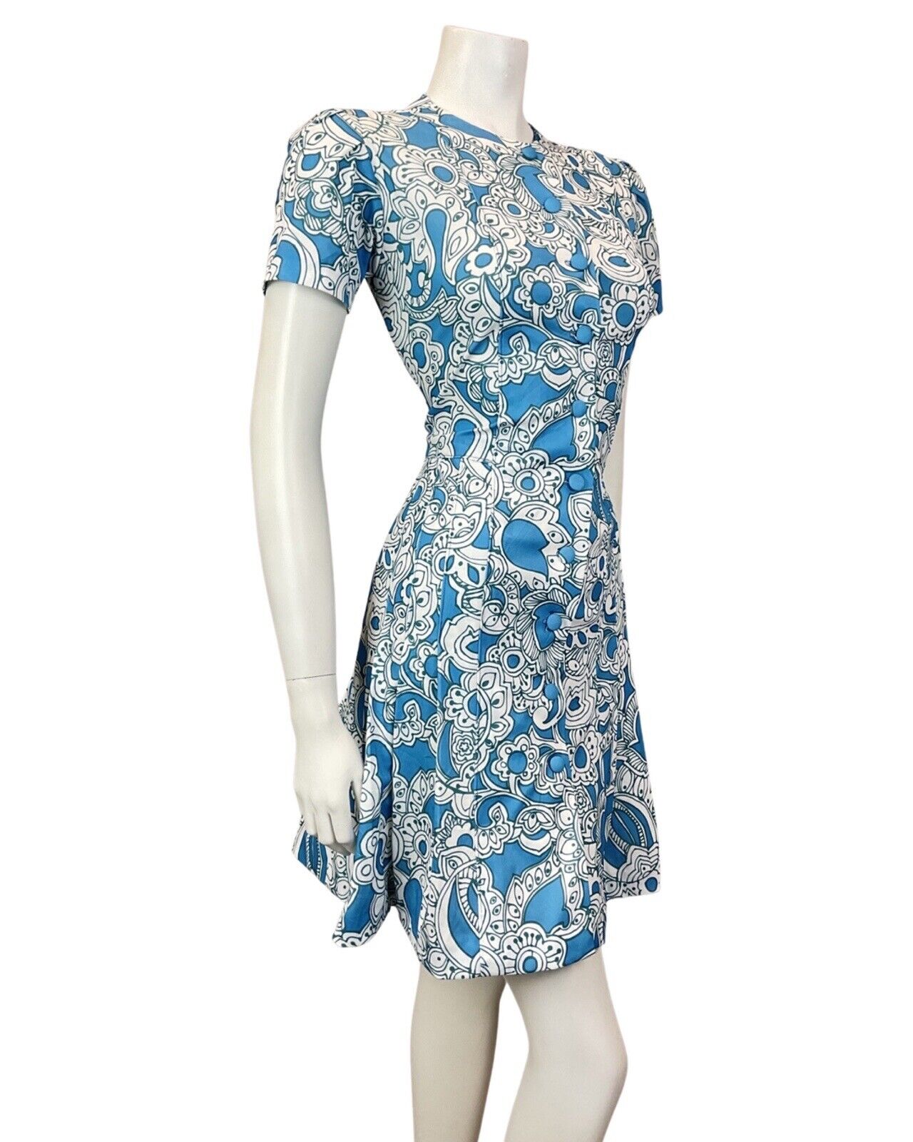 VINTAGE 60s 70s BLUE WHITE PSYCHEDELIC FLORAL PLEATED MOD SHORT DRESS 10