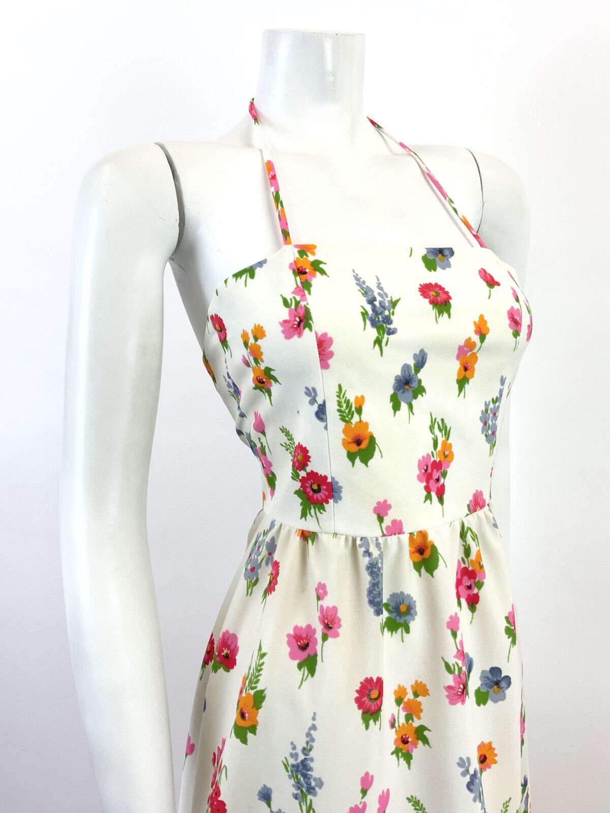 VINTAGE 60s 70s WHITE PINK BLUE ORANGE FLORAL POPPY GARDEN HALTER MAXI DRESS 4 6