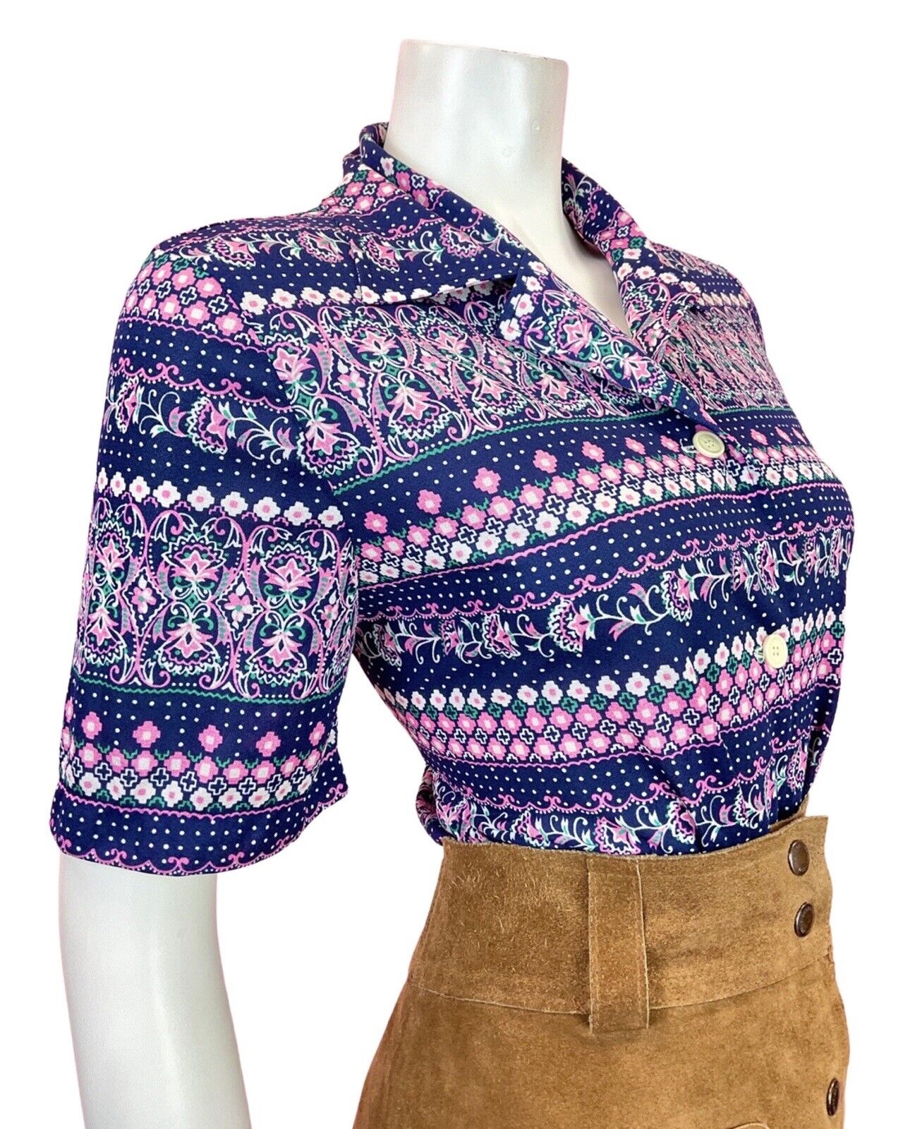 VINTAGE 60s 70s BLUE PINK WHITE PSYCHEDELIC DOTTY FLORAL BLOUSE TOP 12 14
