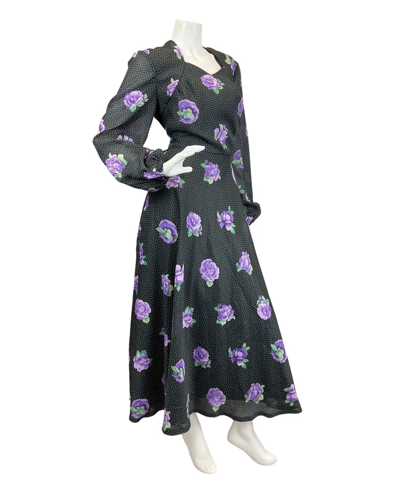 VINTAGE 70s BLACK WHITE PURPLE POLKA-DOT FLORAL PUFF SLEEVE BOHO MAXI DRESS 16