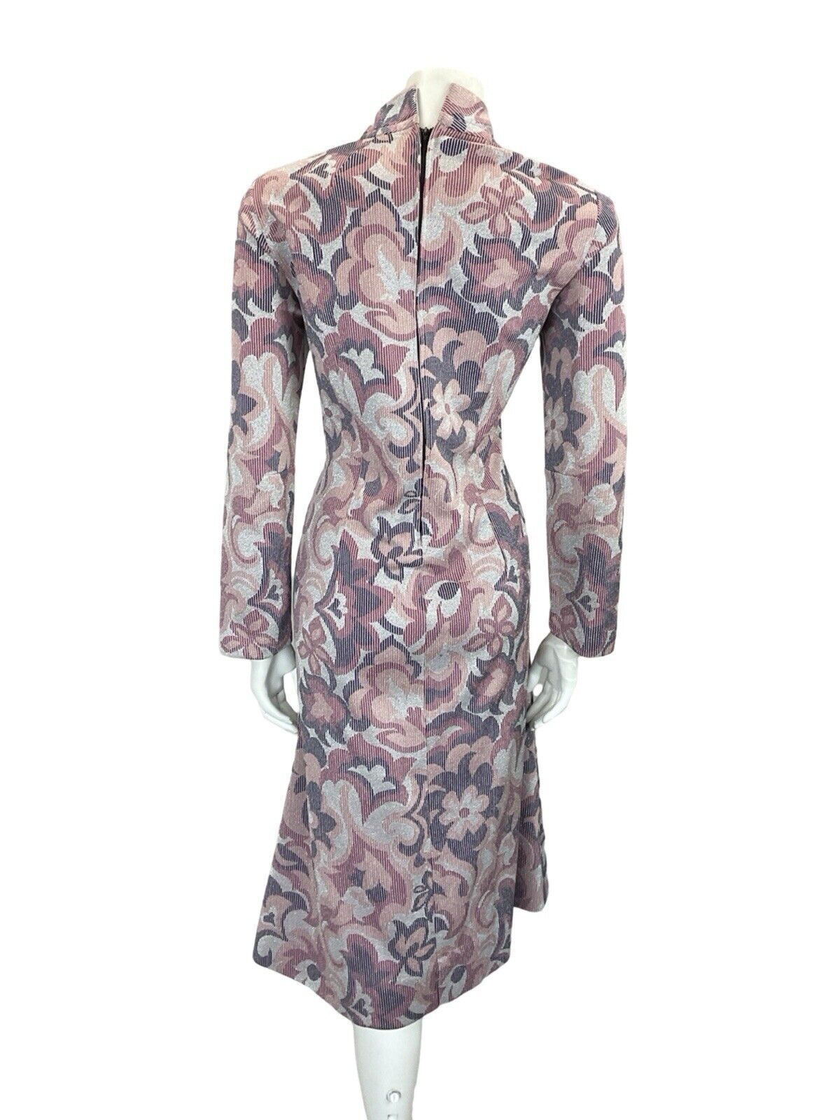 VTG 60S MOD PSYCHEDELIC SILVER PURPLE PINK SPARKLING FUNNEL NECK PARTY DRESS 16