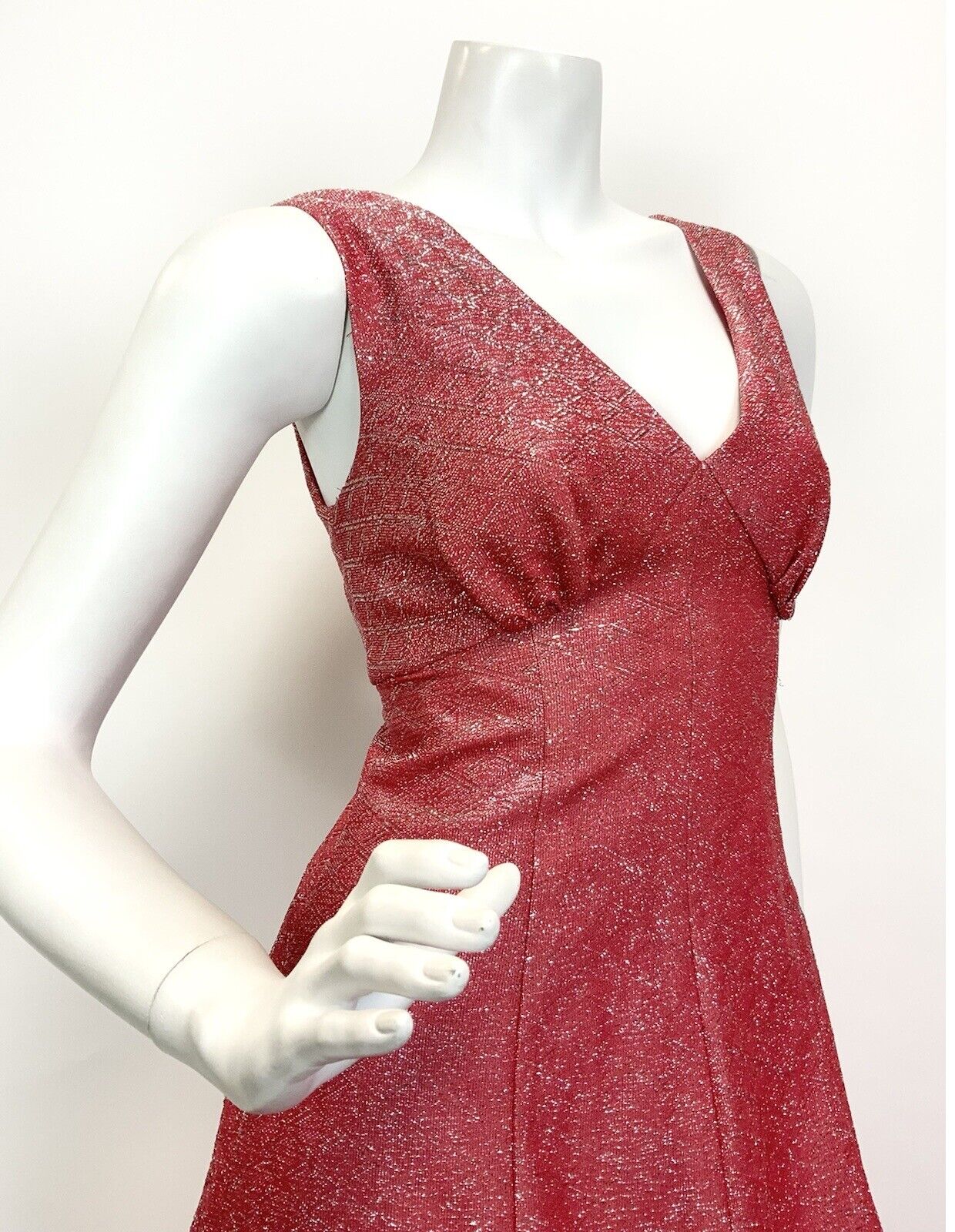 VTG 60s 70s CORAL RED SILVER METALLIC LUREX DISCO GLAM STUDIO 54 MAXI DRESS 10