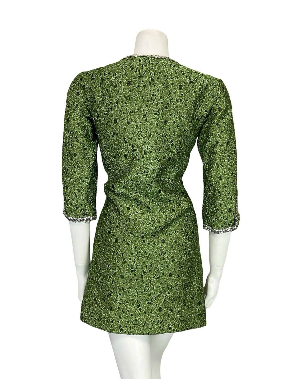 VTG 60S V NECK HALF SLEEVE GREEN SILVER SEQUIN LUREX PARTY MINI DRESS 10